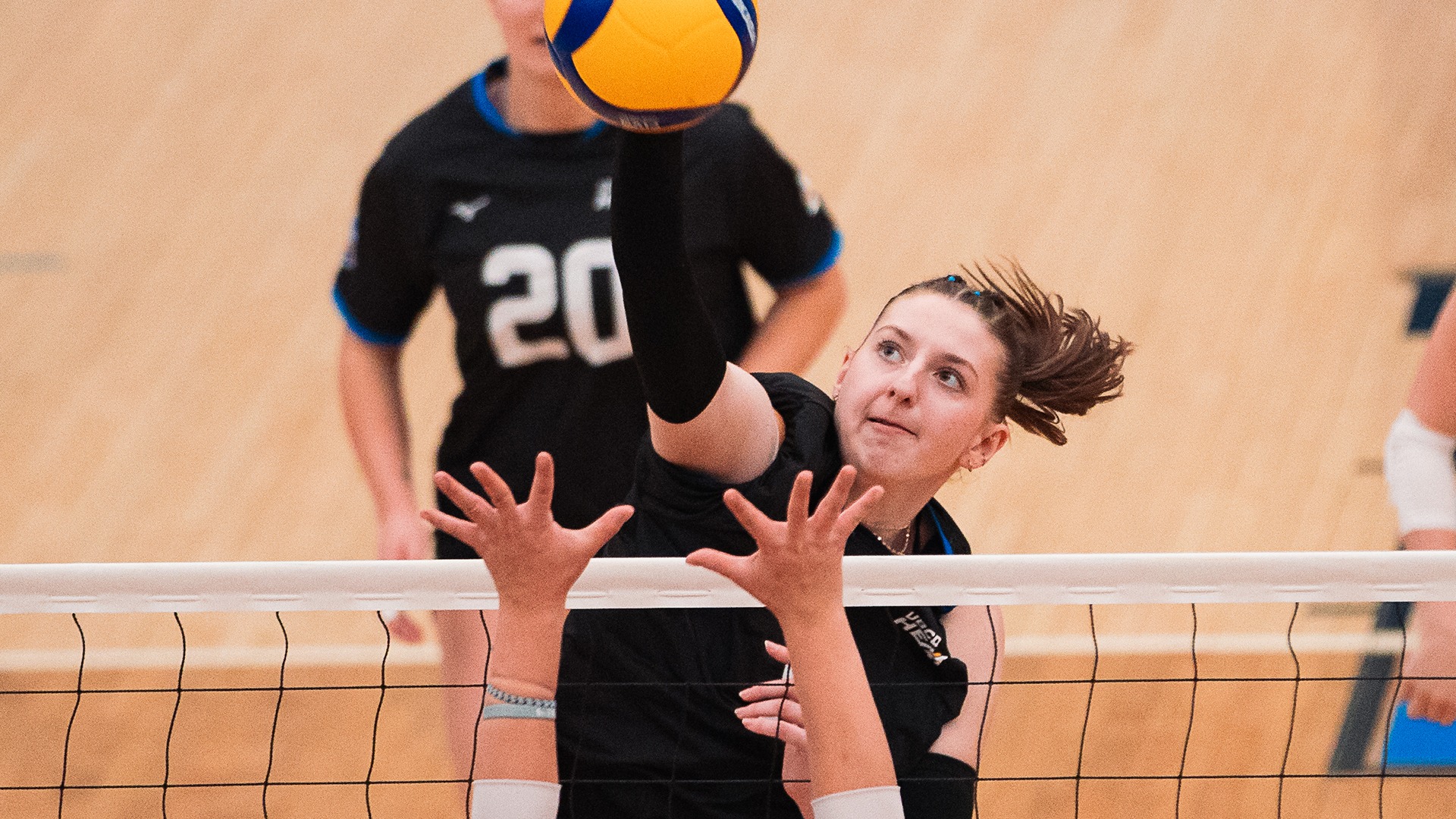 UBCO middle Ali Rathlef fires an attack during action against the Calgary Dinos at the UBCO Gymnasium.