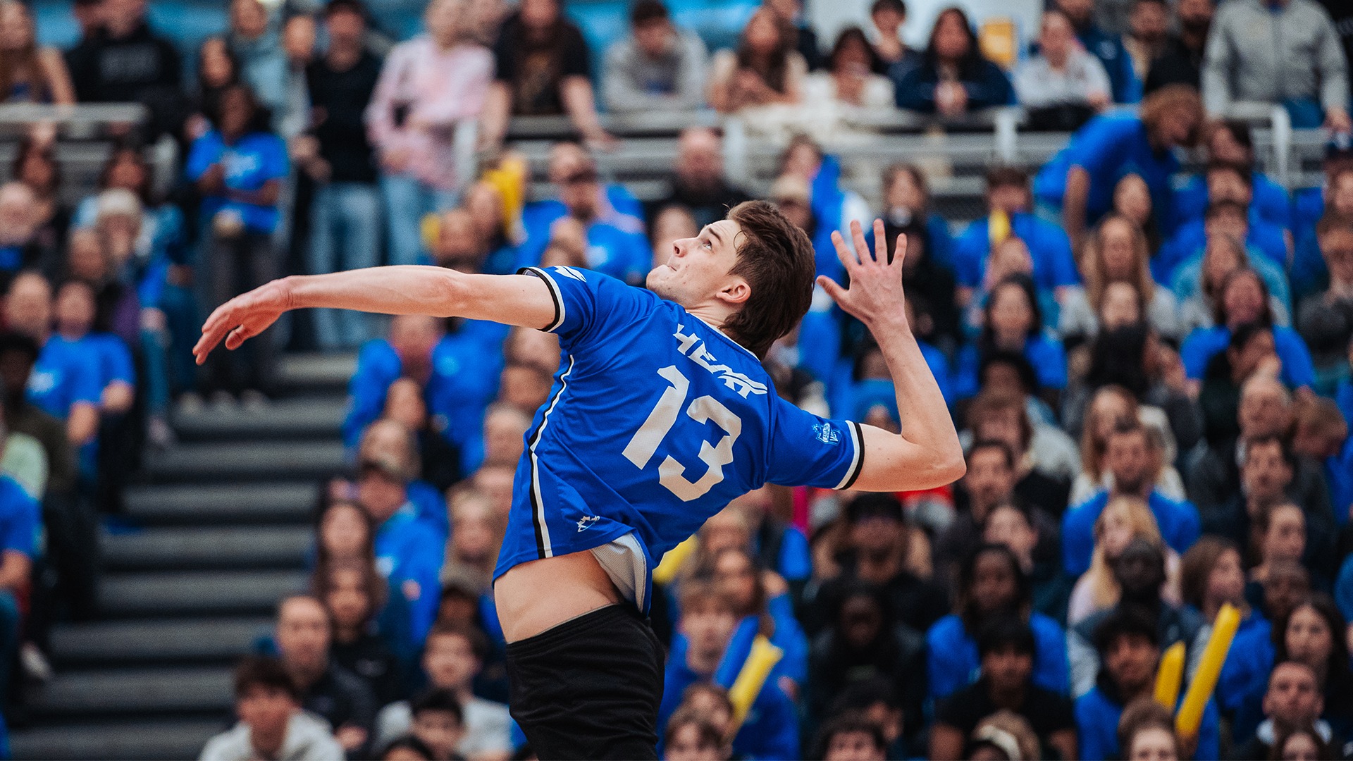 UBCO middle Thys Weststrate rises for an attack during Game 1 of the Canada West Quarter-finals against the Manitoba Bisons at the UBCO Gymnasium.