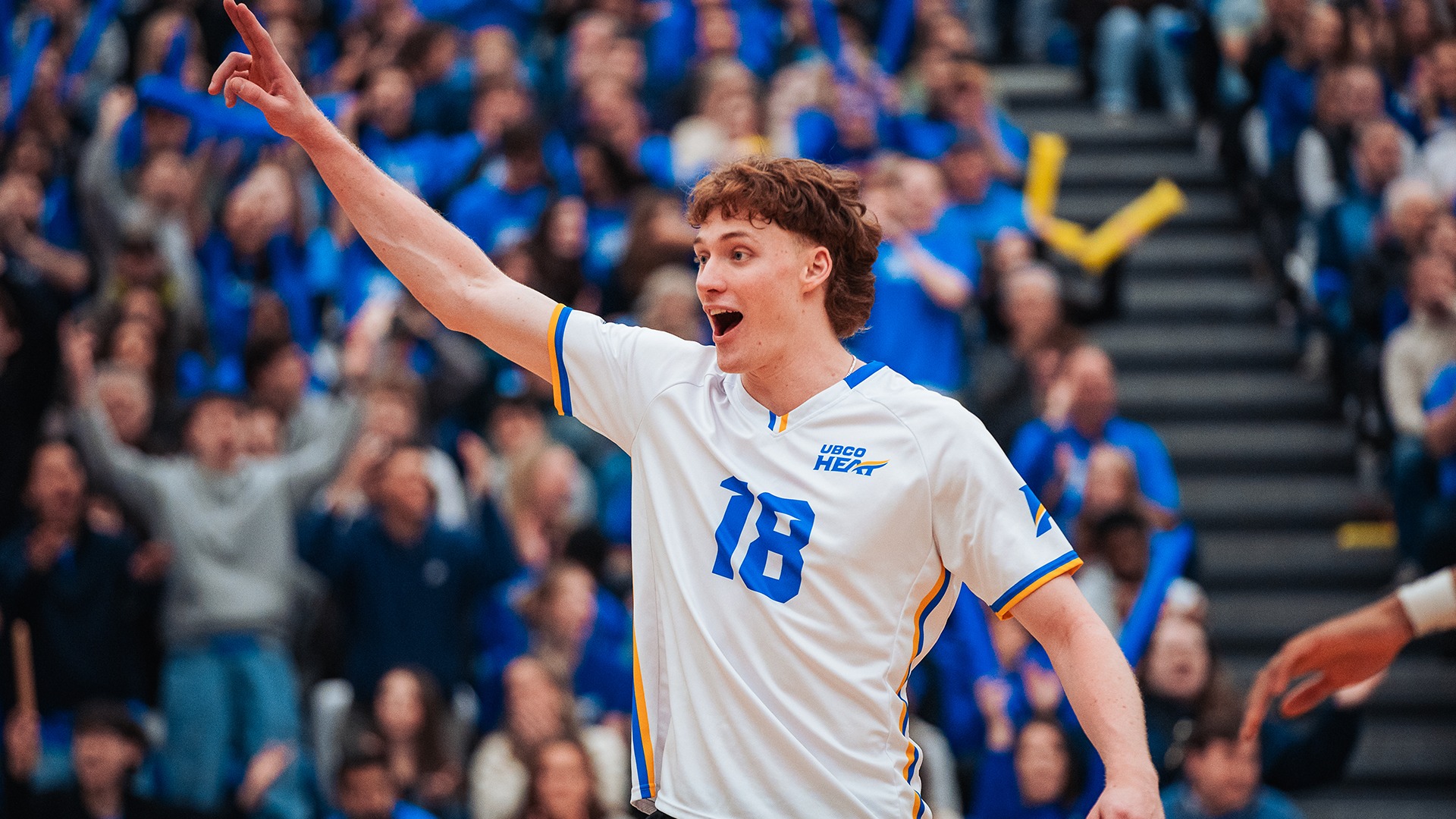 UBCO outside hitter Xander van Driel reacts after a point during action in Game 2 of the Heat's Canada West quarter-final series against the Manitoba Bisons at the UBCO Gymnasium.