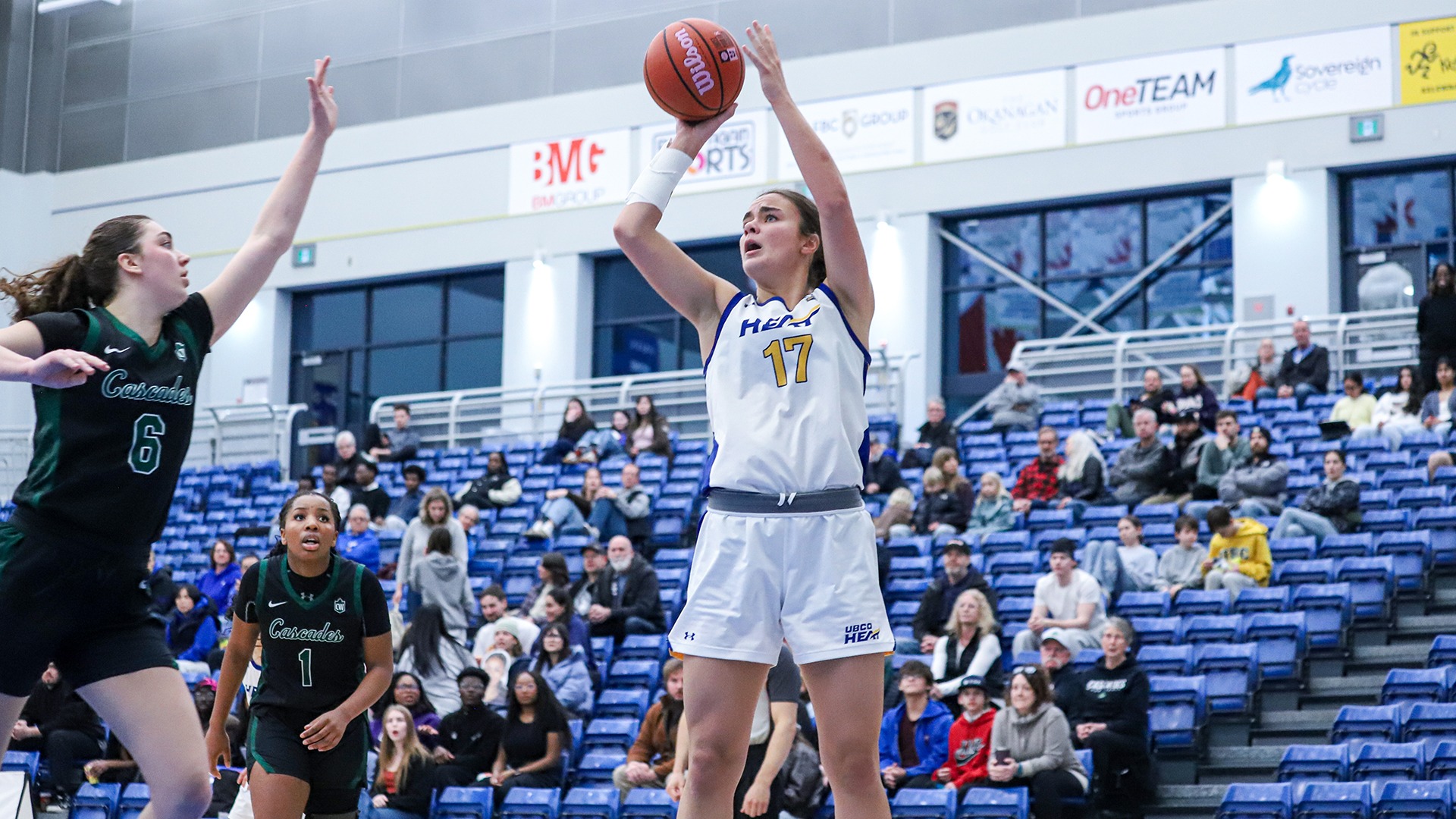 UBCO forward Sydney Lewis launches a jump shot during action against the UFV Cascades at the UBCO Gymnasium.