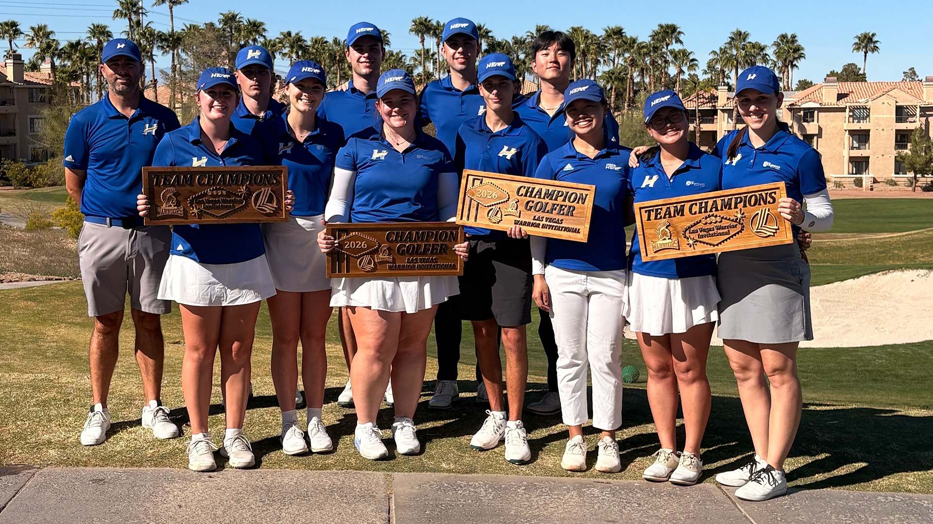 Members of the UBCO Heat men's and women's golf teams pose with their champions plaques following victories at the 2026 Las Vegas Warriors Invitational at Legacy Golf Club in Henderson, Nevada.