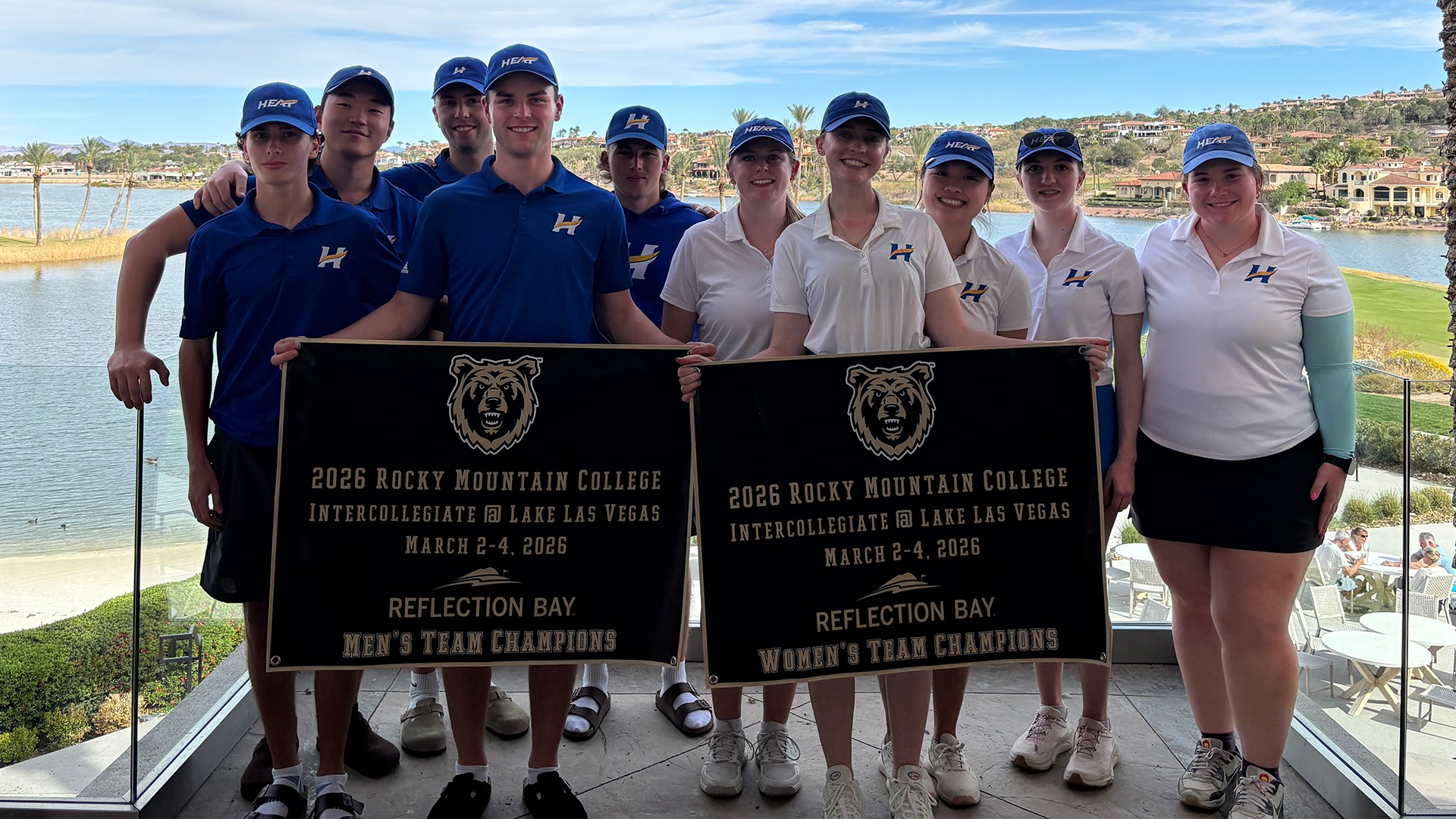 The UBCO Heat men's golf team (left) and women's golf team (right) pose with their championship banners after sweeping the team titles at the 2026 RMC Intercollegiate at Lake Las Vegas hosted at Reflection Bay Golf Club