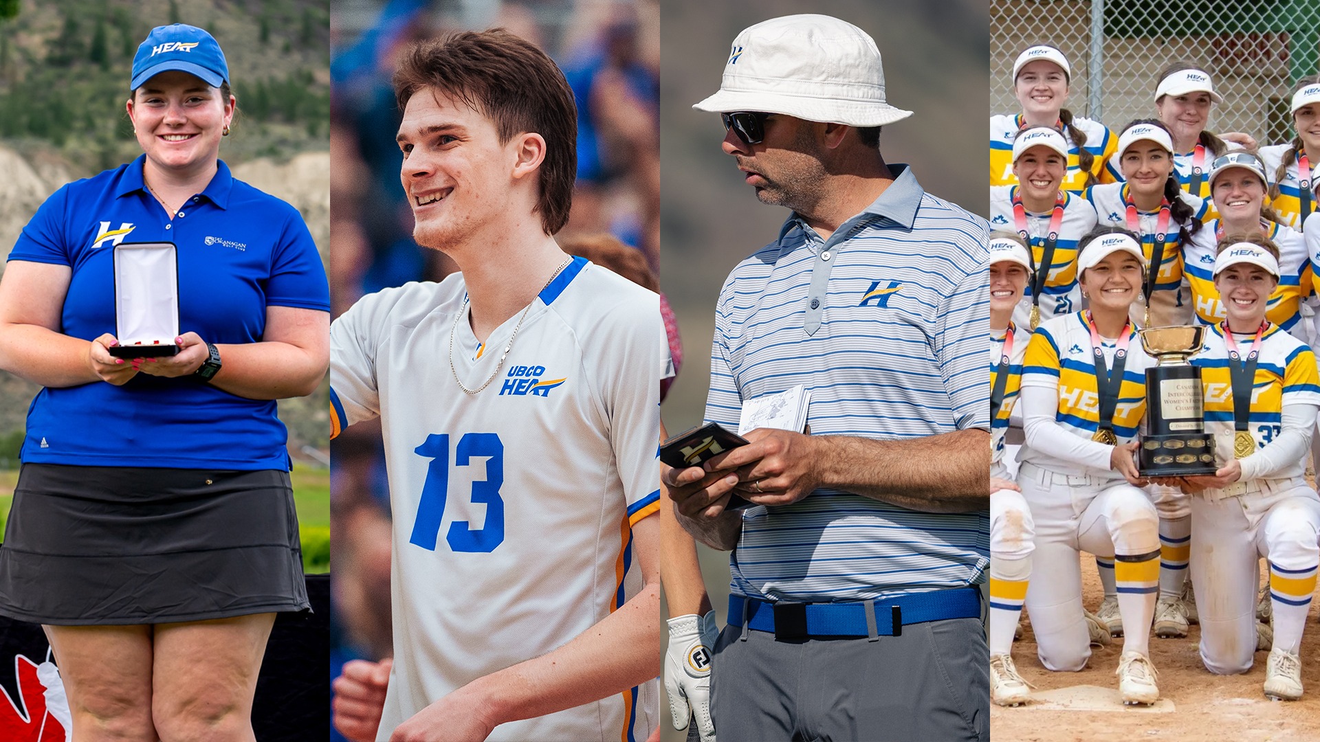 From left to right, women's golfer Julia Alexander-Carew, men's volleyball middle Thys Weststrate, golf head coach Clay Stothers and the Heat women's softball team are finalists for the 51st City of Kelowna Civic & Community Awards.