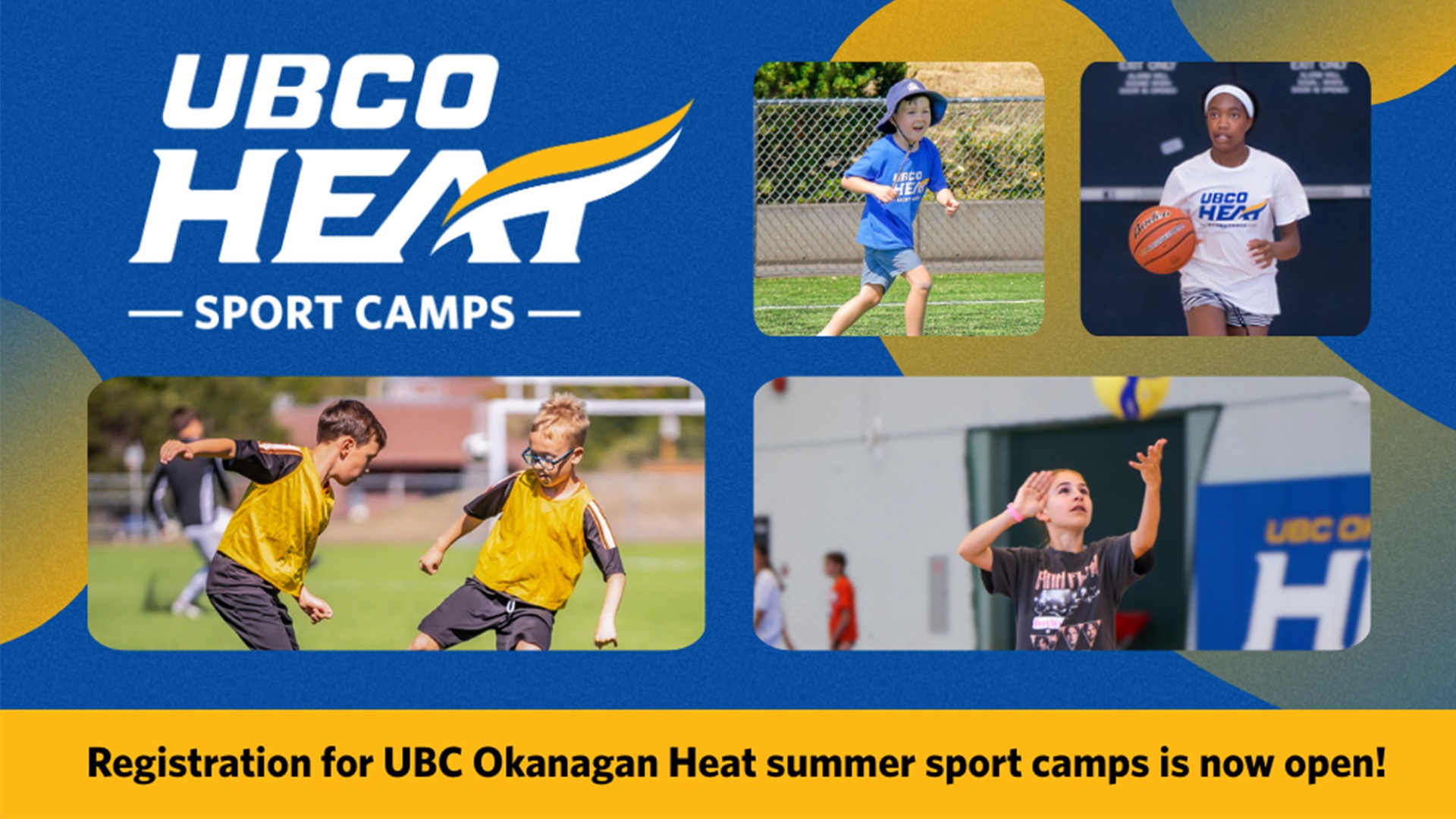 Graphic promoting UBCO Heat basketball, volleyball, soccer and ultimate athlete camps 