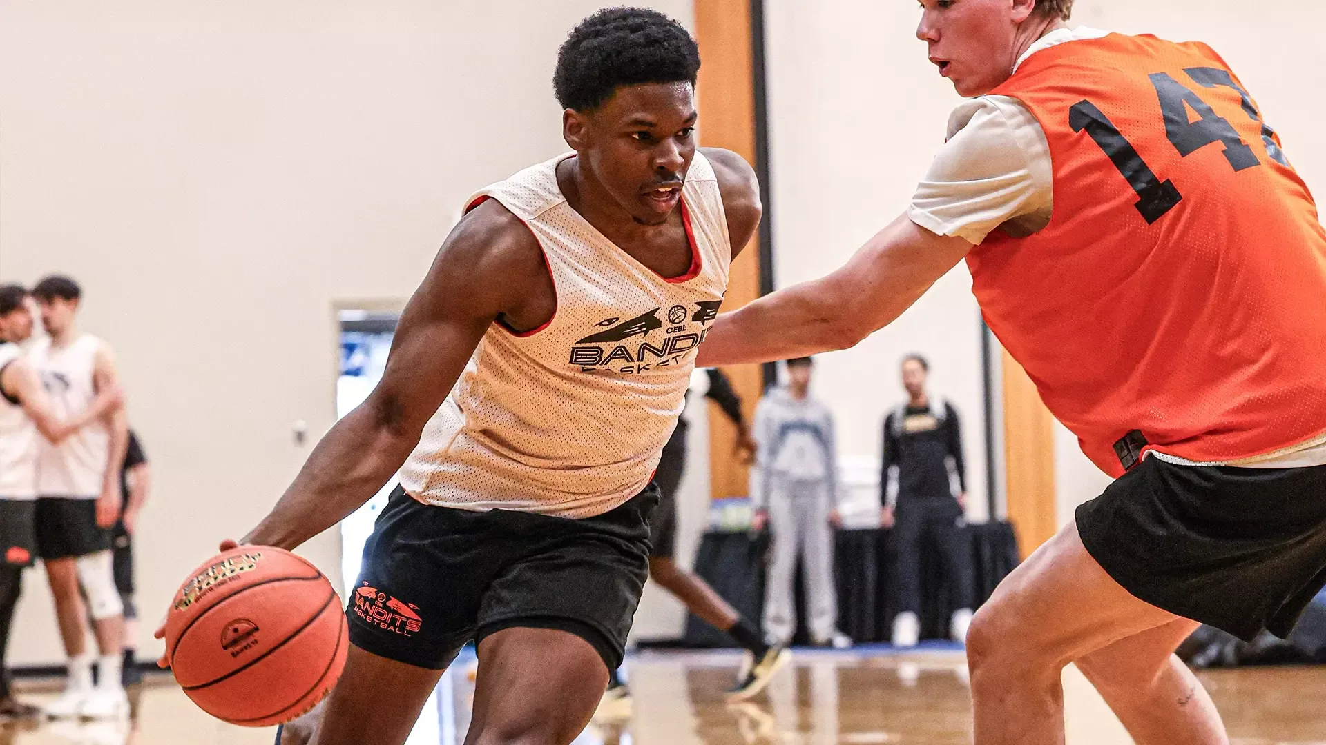 Former UBCO Heat guard Jalen Shirley drives the lane during the Vancouver Bandits University Combine at the Langley Event Centre.