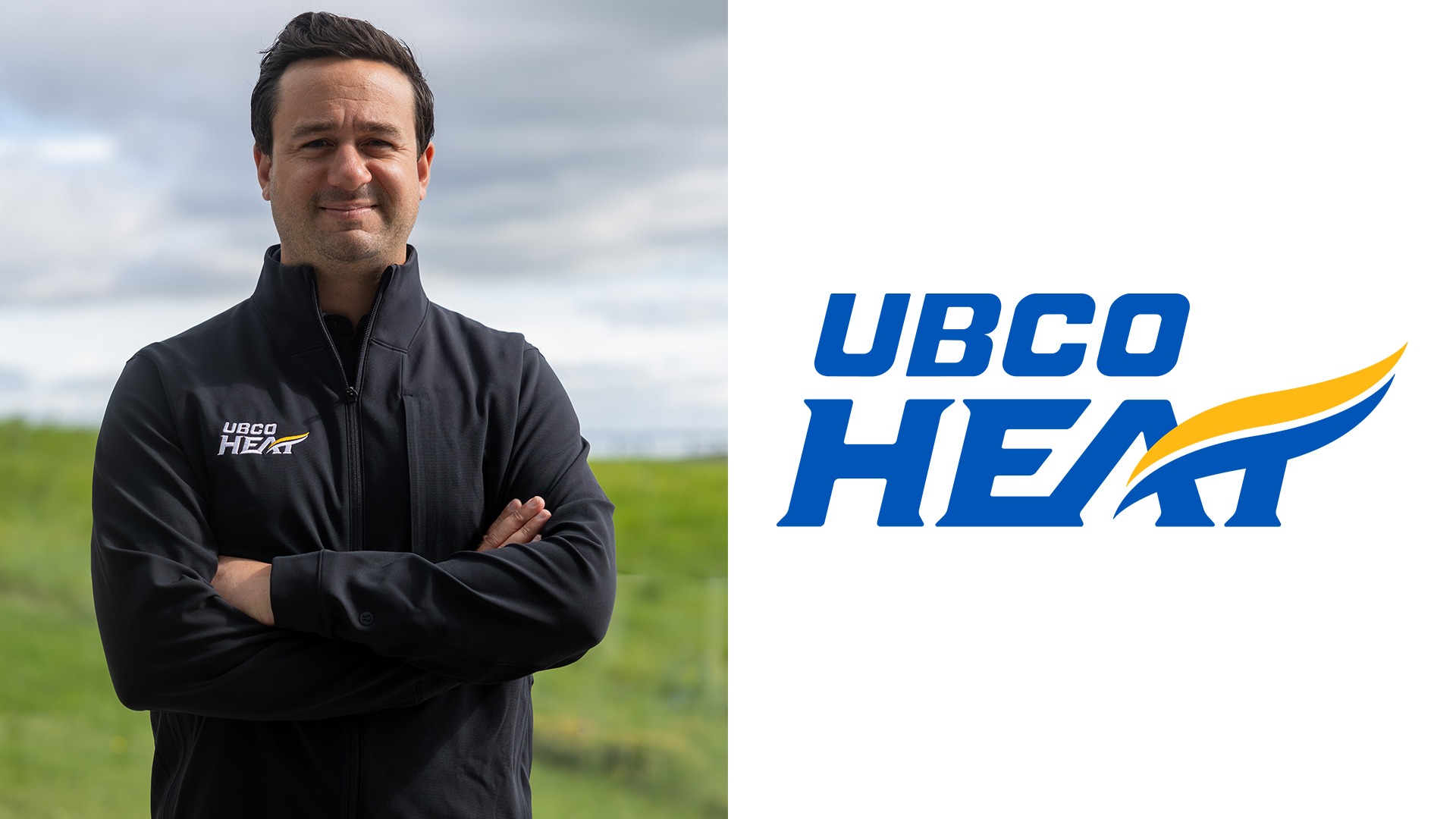 Incoming UBCO Heat Director, Varsity Athletics Spencer Pommells poses on the left side of the photo while the UBCO Heat logo takes up the right side of the photo.