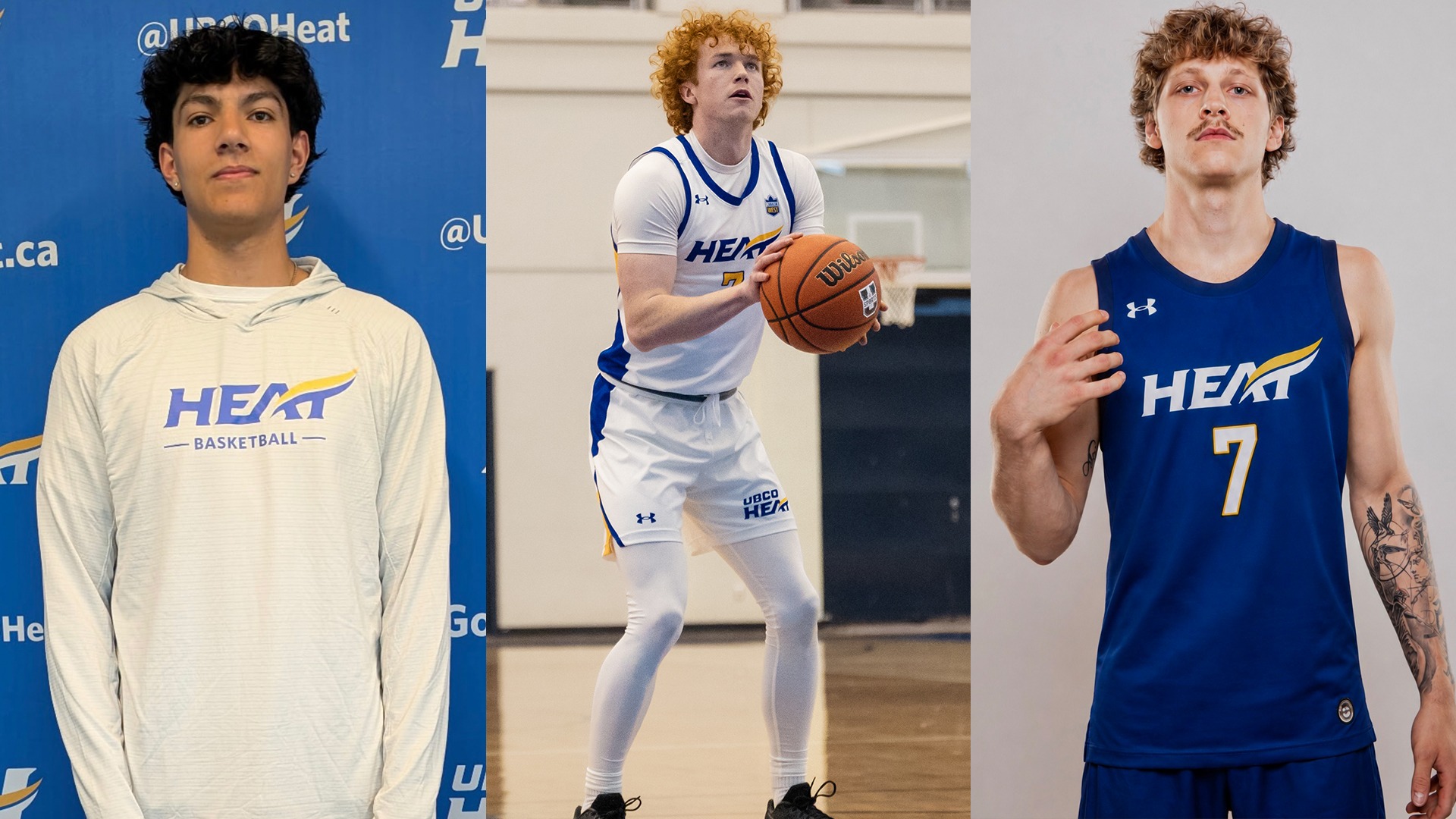 From left to right, Tarun Saroya, Cole Koop and Wil Zylyk will be suiting up for the UBCO Heat men's basketball team in 2026-27.