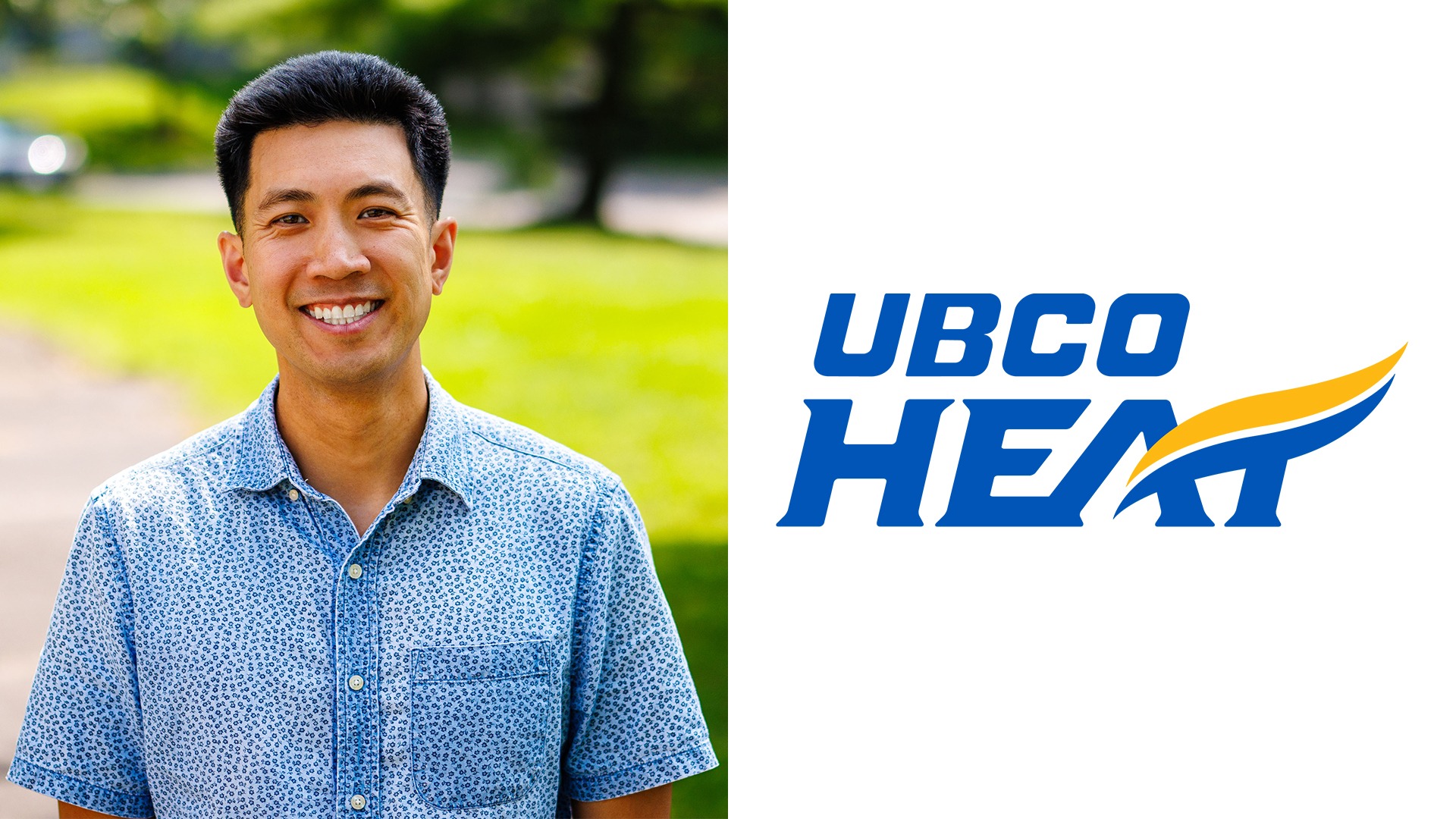 Incoming UBCO Athletics and Recreation staff member Theo Wan is on the left of the image while the blue and gold UBCO Heat logo is on the right of the image