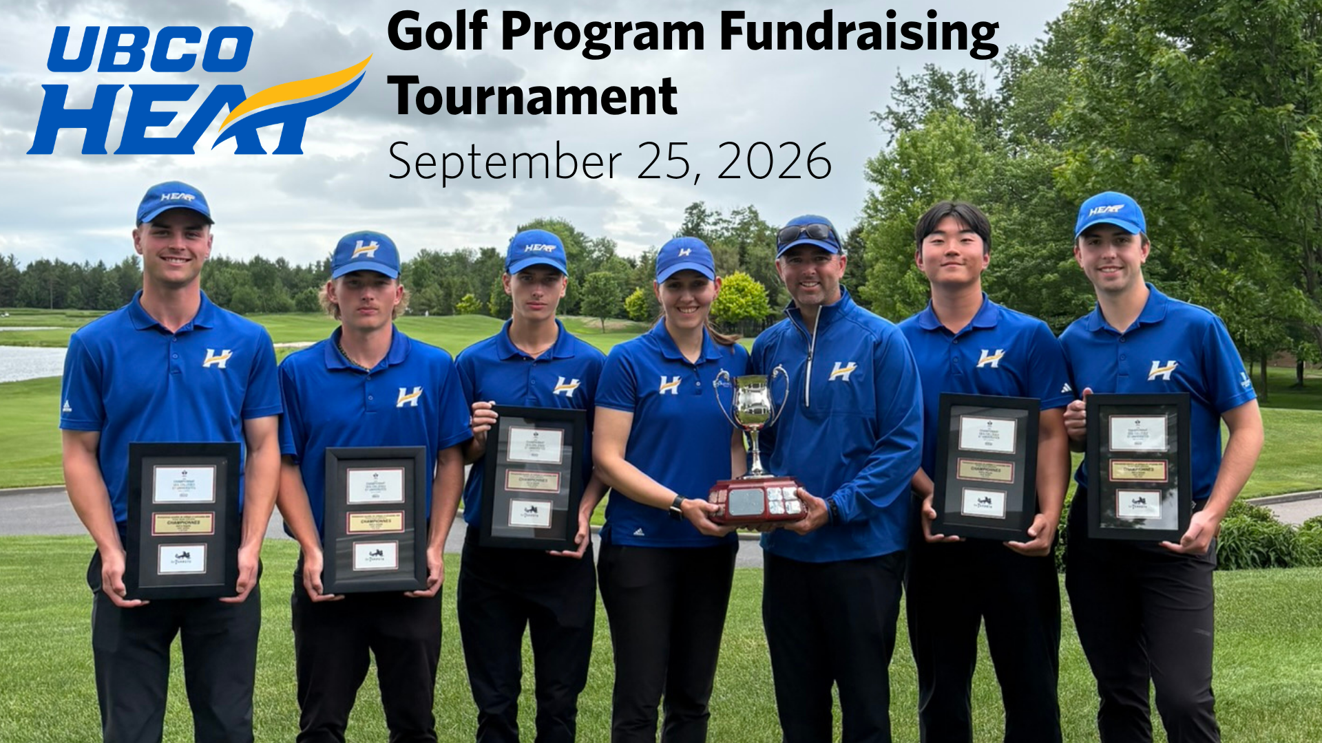 Graphic showing the Heat men's golf team posing with their national championship plaques, with the Heat logo in the upper left and Golf Program Fundraising Tournament in the upper middle.