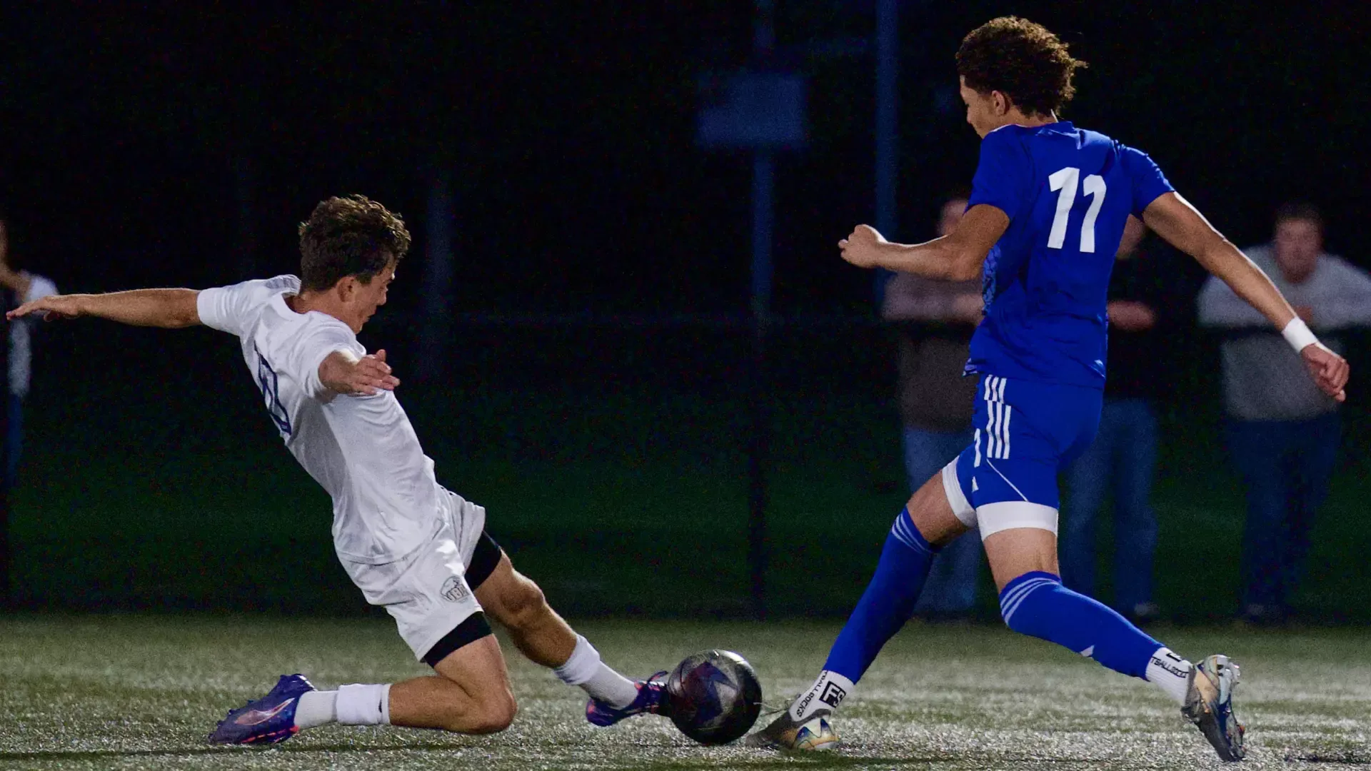 Gavin La Montagne of the UBCO men’s soccer team fights for the ball against the UBC Thunderbirds in Vancouver, B.C.
