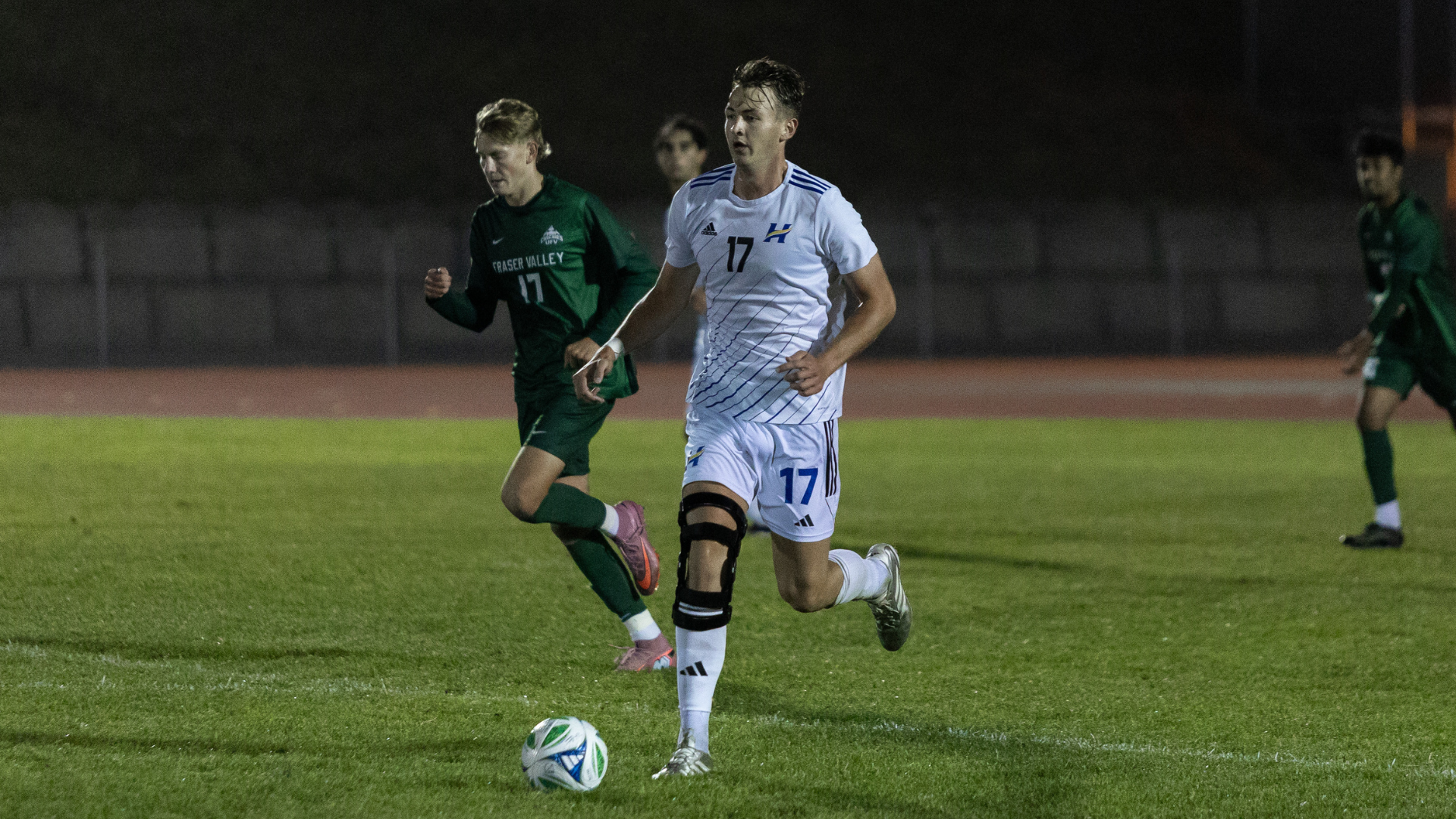 Ian Klumpen of the UBCO men’s soccer team dribbles the ball against the UFV Cascades at Rotary Stadium. 
