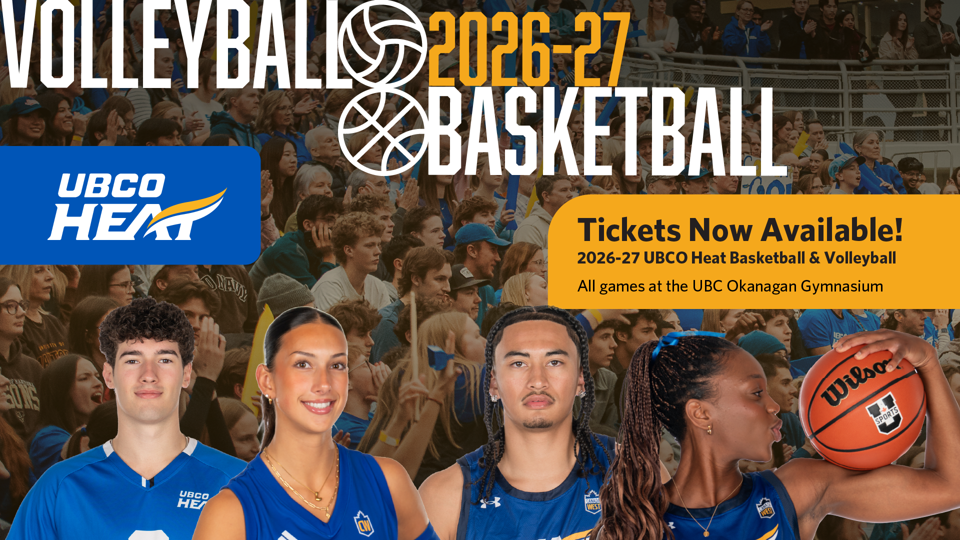 Graphic announcing ticket sales for Heat basketball and volleyball home games featuring cutout images of Heat athletes.