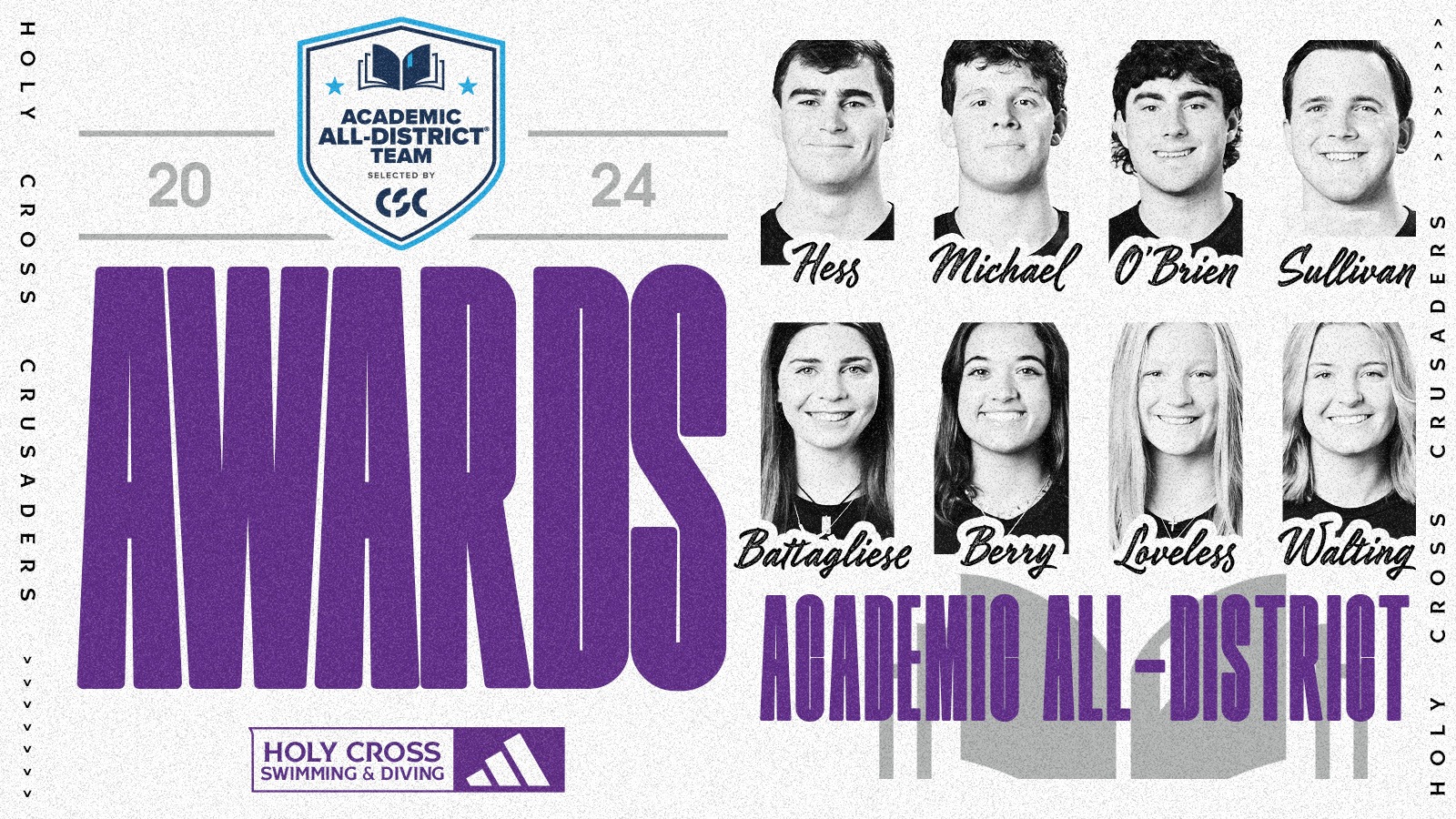 Holy Cross swimming and diving had eight athletes named CSC Academic All-District 