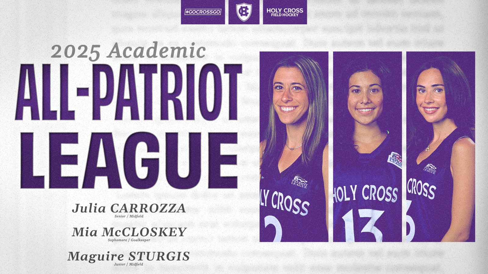 Carrozza, McCloskey, Sturgis named to Academic All-Patriot League Team