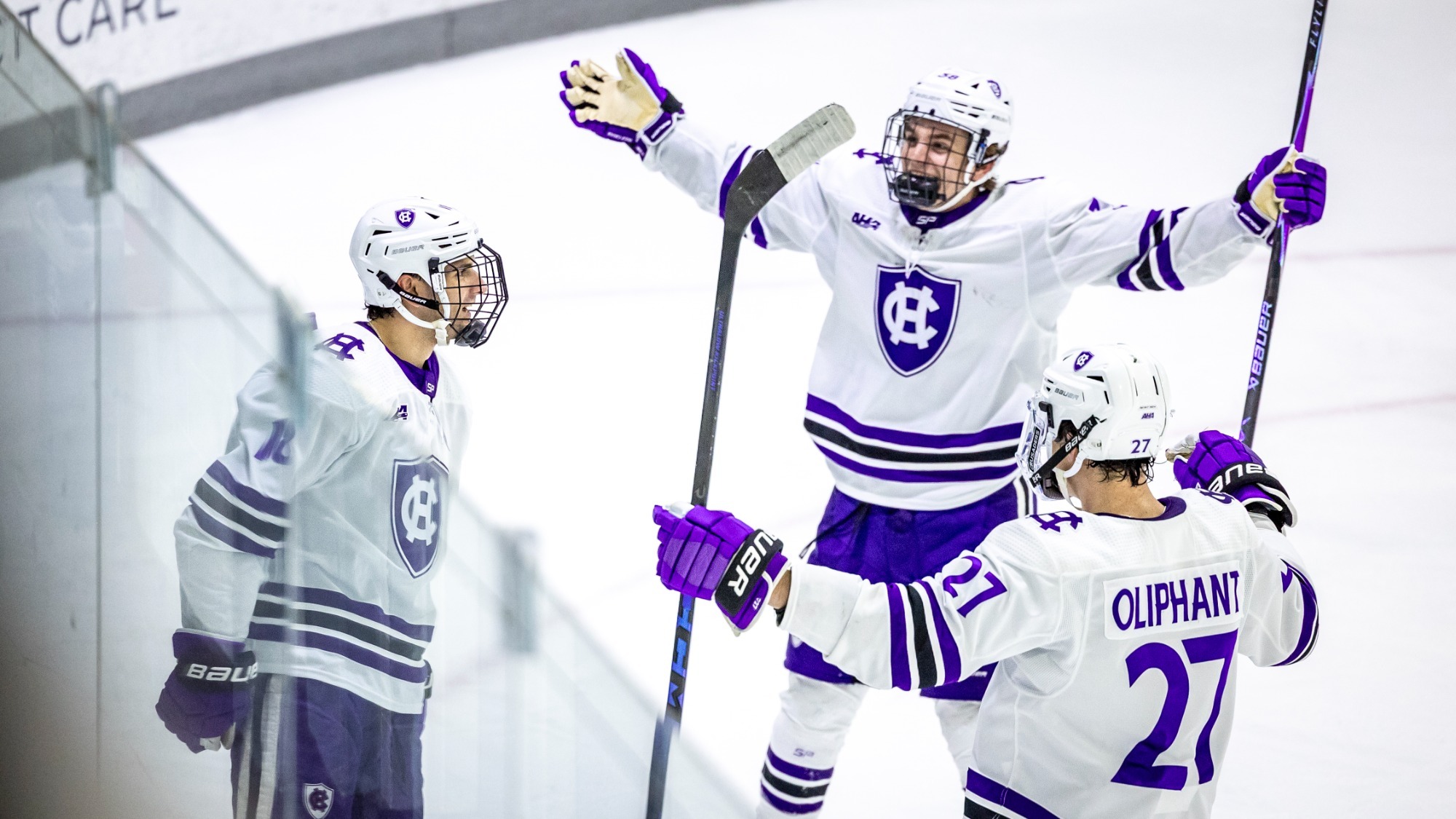 Men's ice hockey celebrates a goal against Mercyhurst
