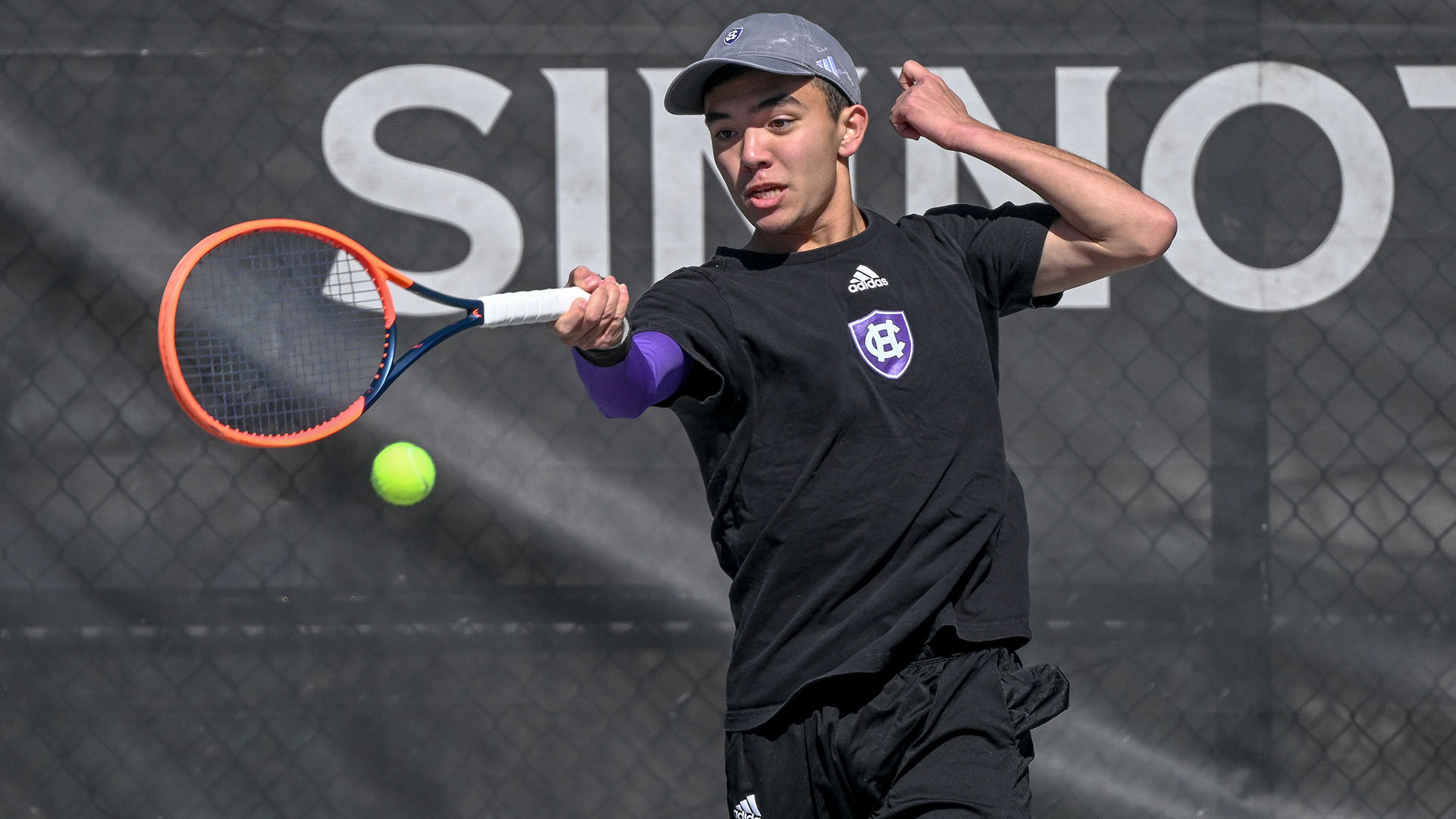 Patrick Ling hitting a forehand against Colgate.