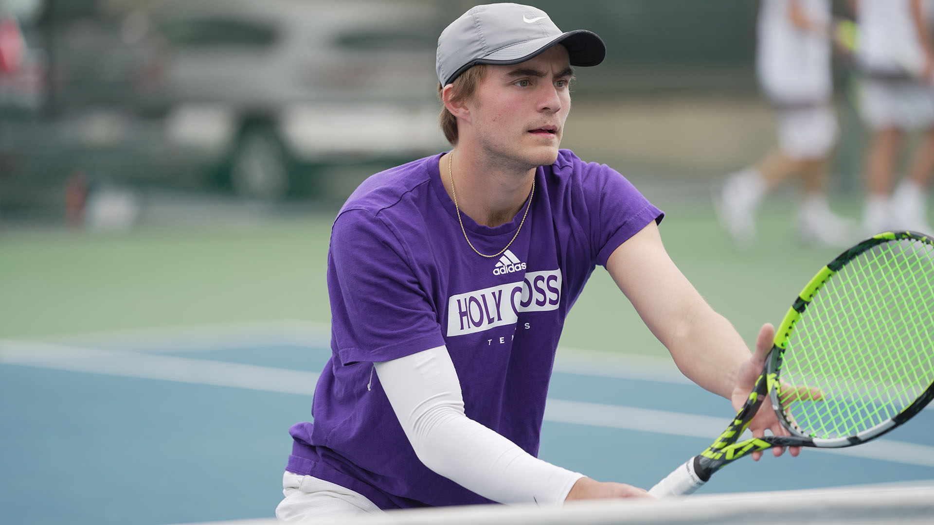 Matt Carlson at the net against Lehigh in the Patriot League quarterfinals.