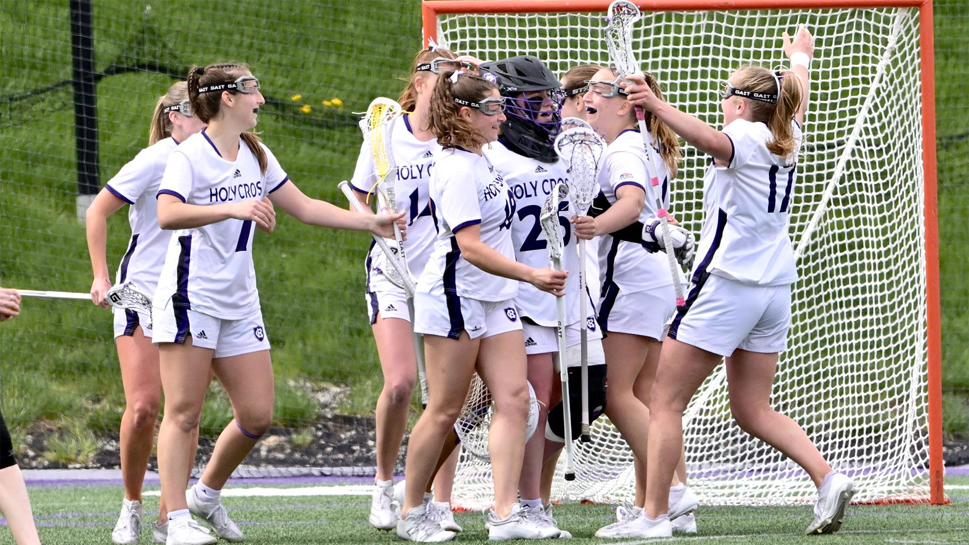 The Crusaders celebrate during their victory over Colgate in the Patriot League Quarterfinals.