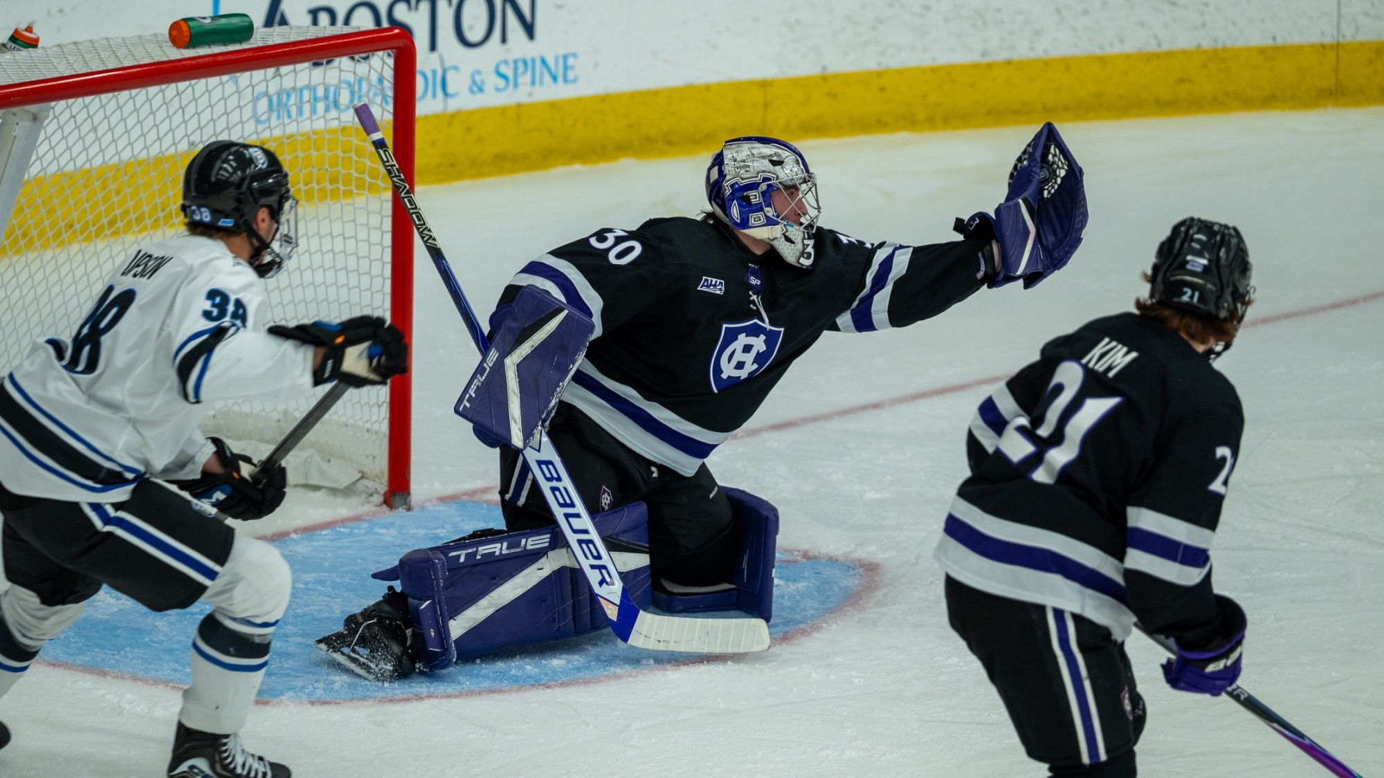 Danick Leroux makes a save against Bentley