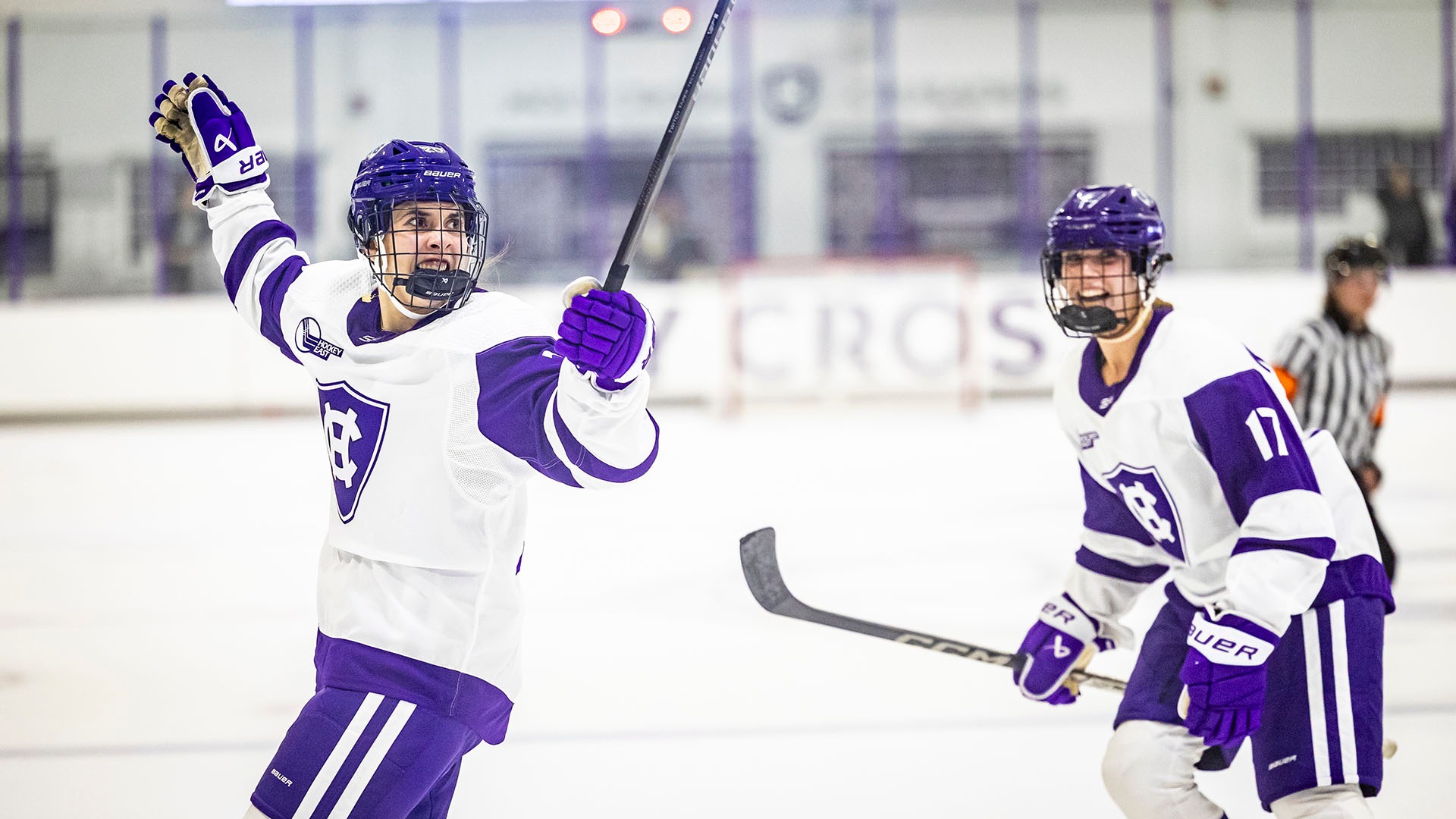 Manuela Heidenberger celebrates after scoring the game-tying goal against Assumption
