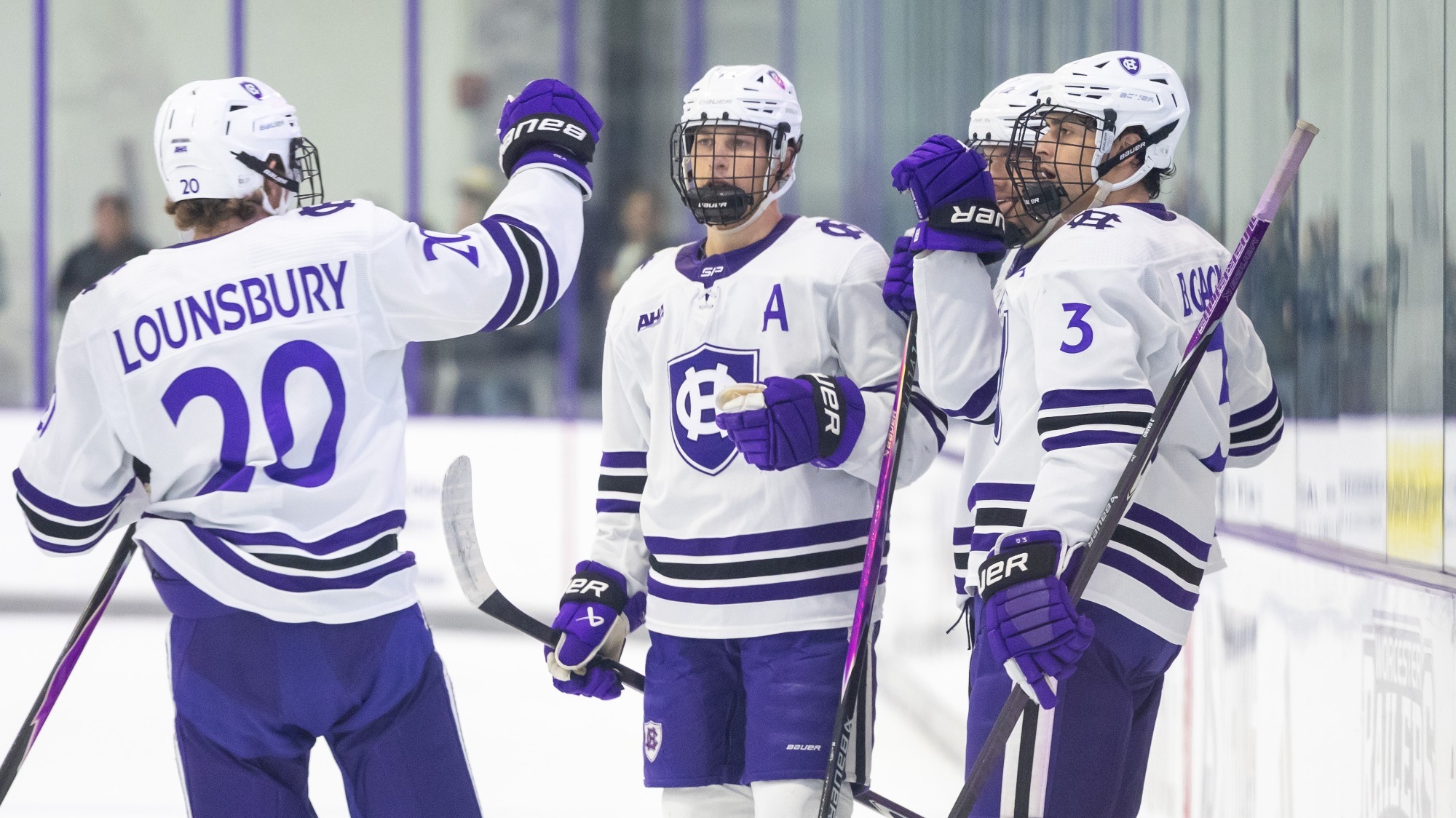Men's ice hockey celebrates a goal against Sacred Heart
