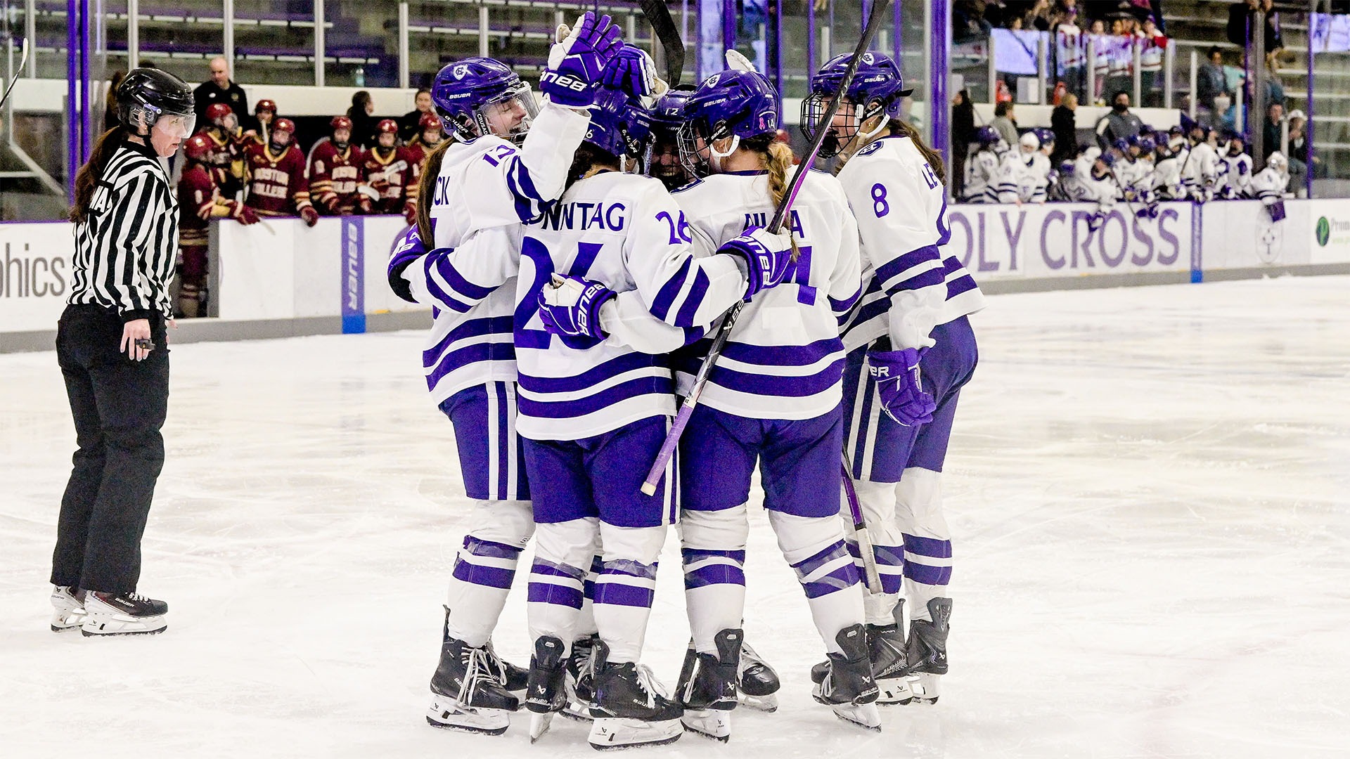 The Crusaders celebrate during their victory over Boston College