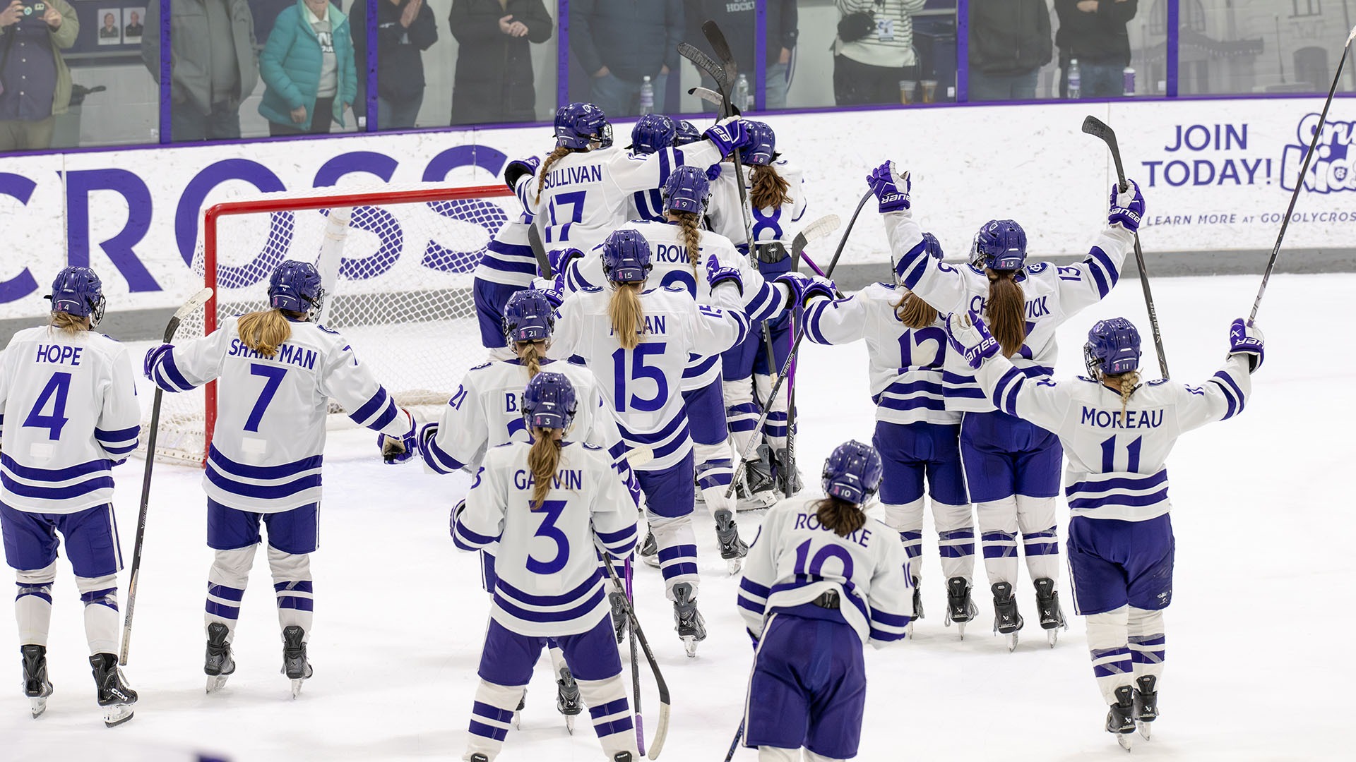 The Crusaders celebrate after defeating New Hampshire in the Hockey East Quarterfinals