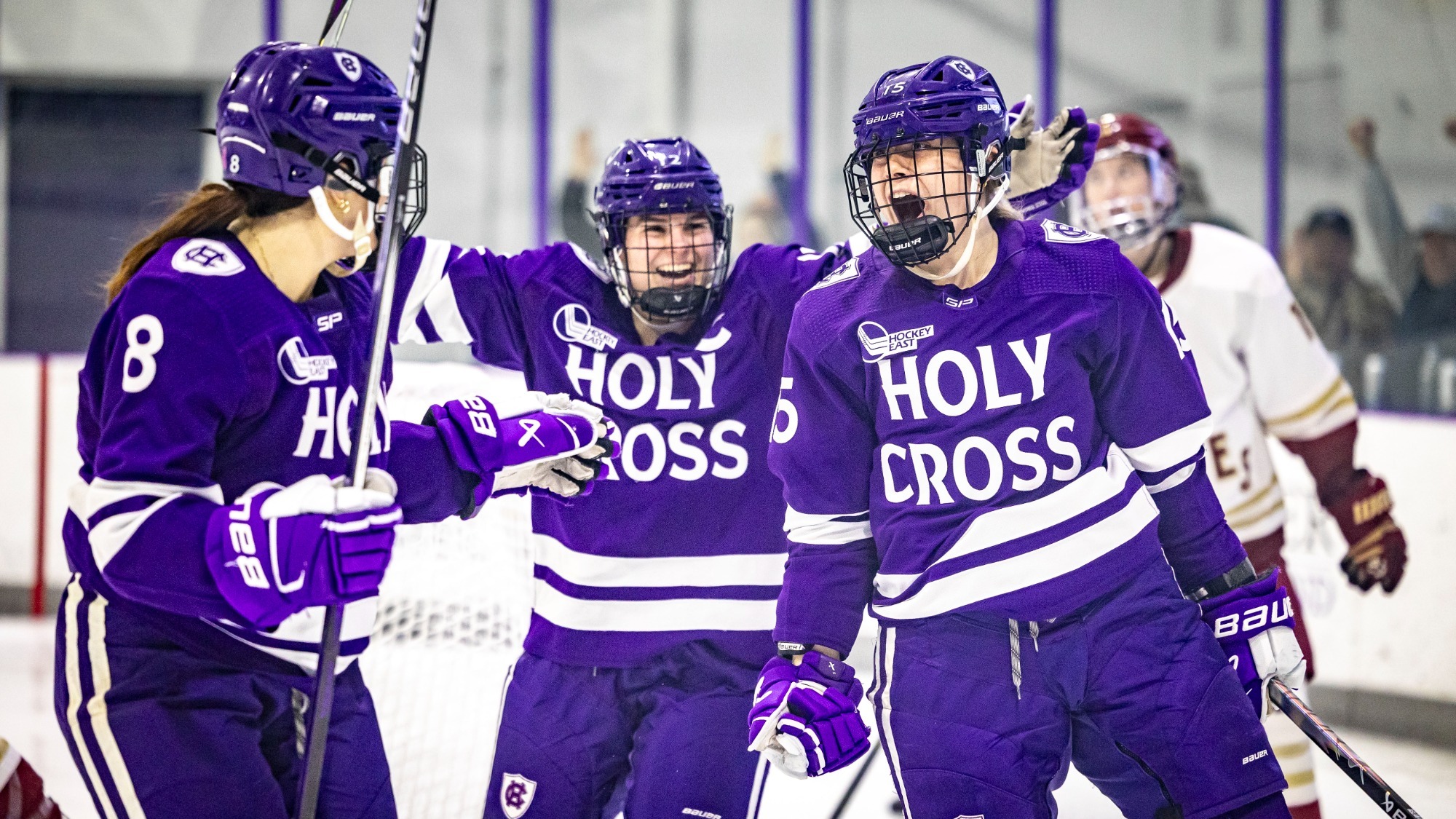 The Crusaders celebrate during their game against Boston College