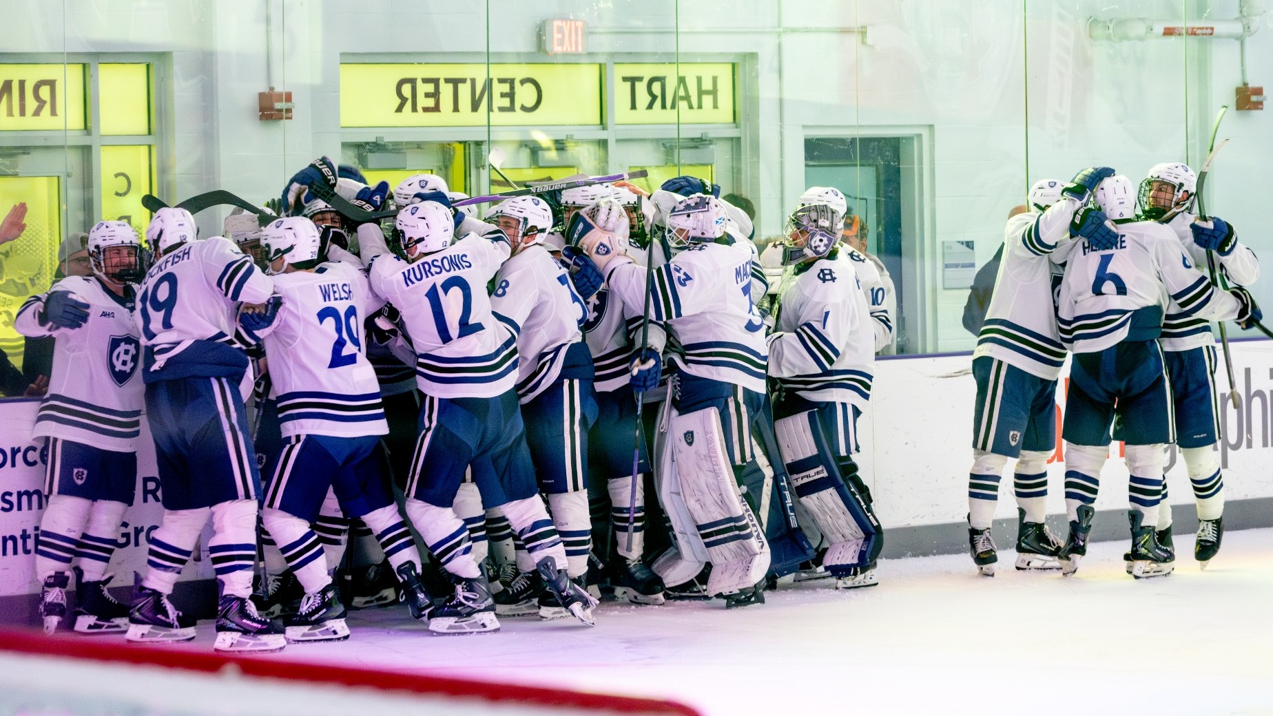 Men's ice hockey celebrates their overtime win over RIT