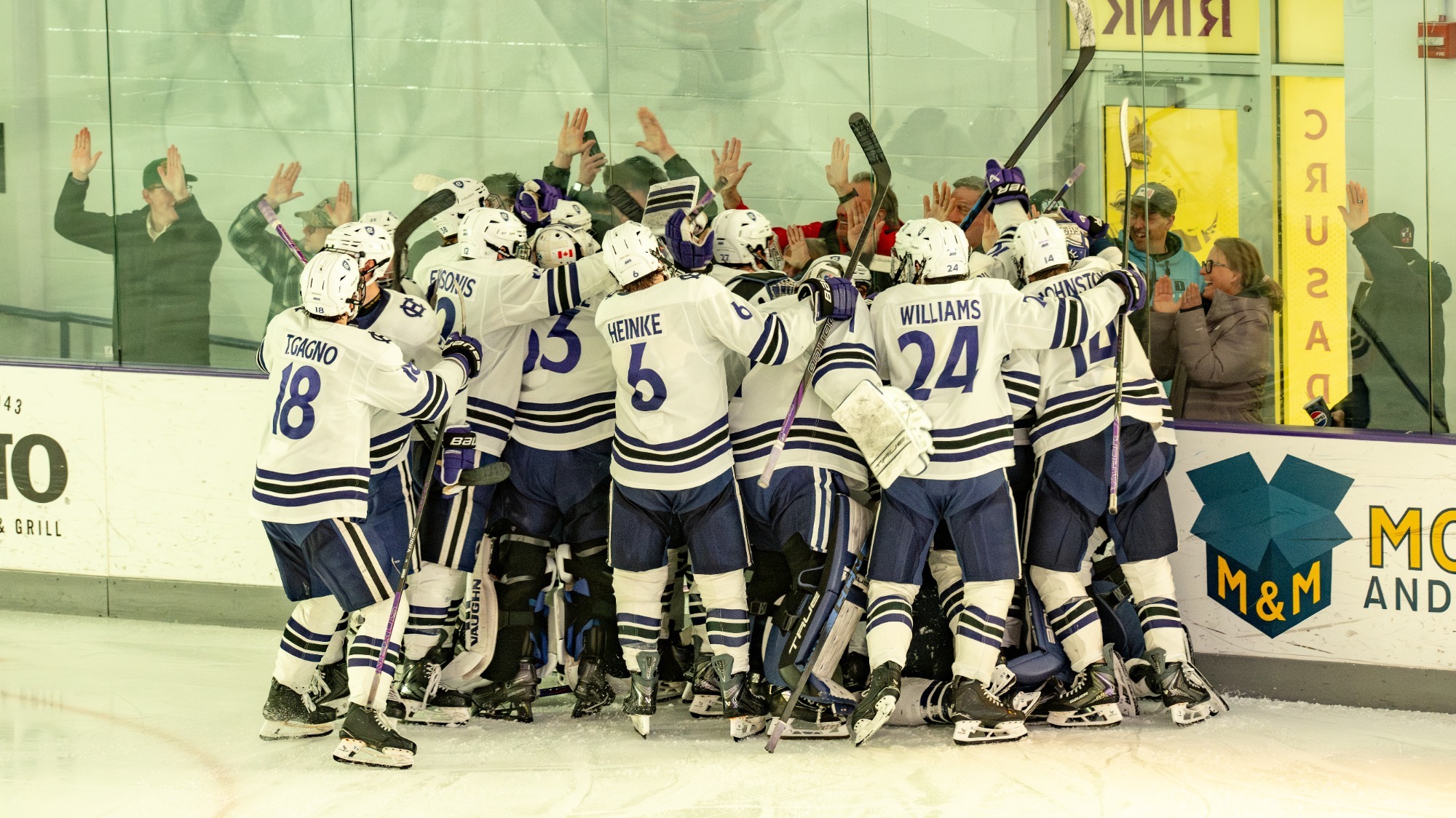 Men's ice hockey celebrates the overtime goal against RIT