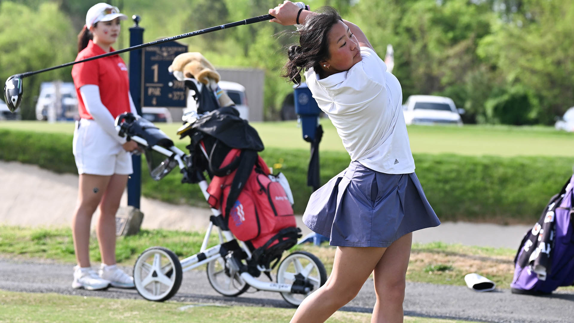 Julianna Megan teeing off at the Patriot League Championship.