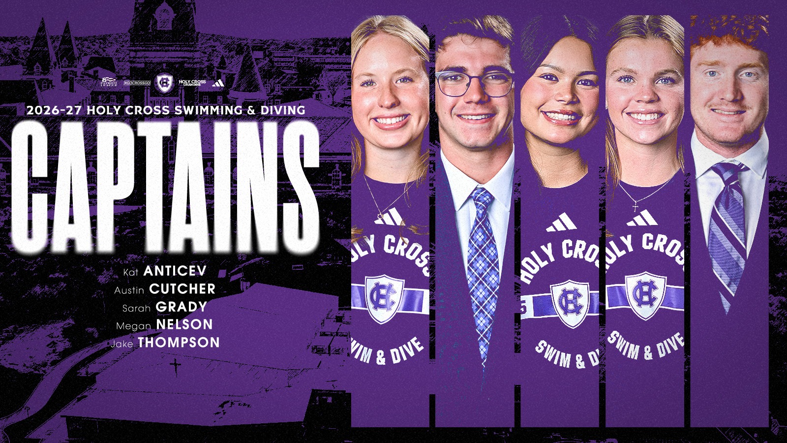 2026-2027 Swimming & Diving Captains, Kat Anticev, Austin Cutcher, Sarah Grady, Megan Nelson, Jake Thompson