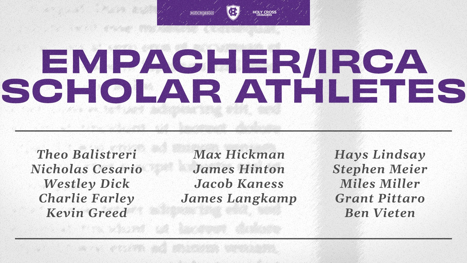 Fourteen student-athletes on the Holy Cross men's rowing team were named 2026 Empacher-IRCA Scholar Athletes