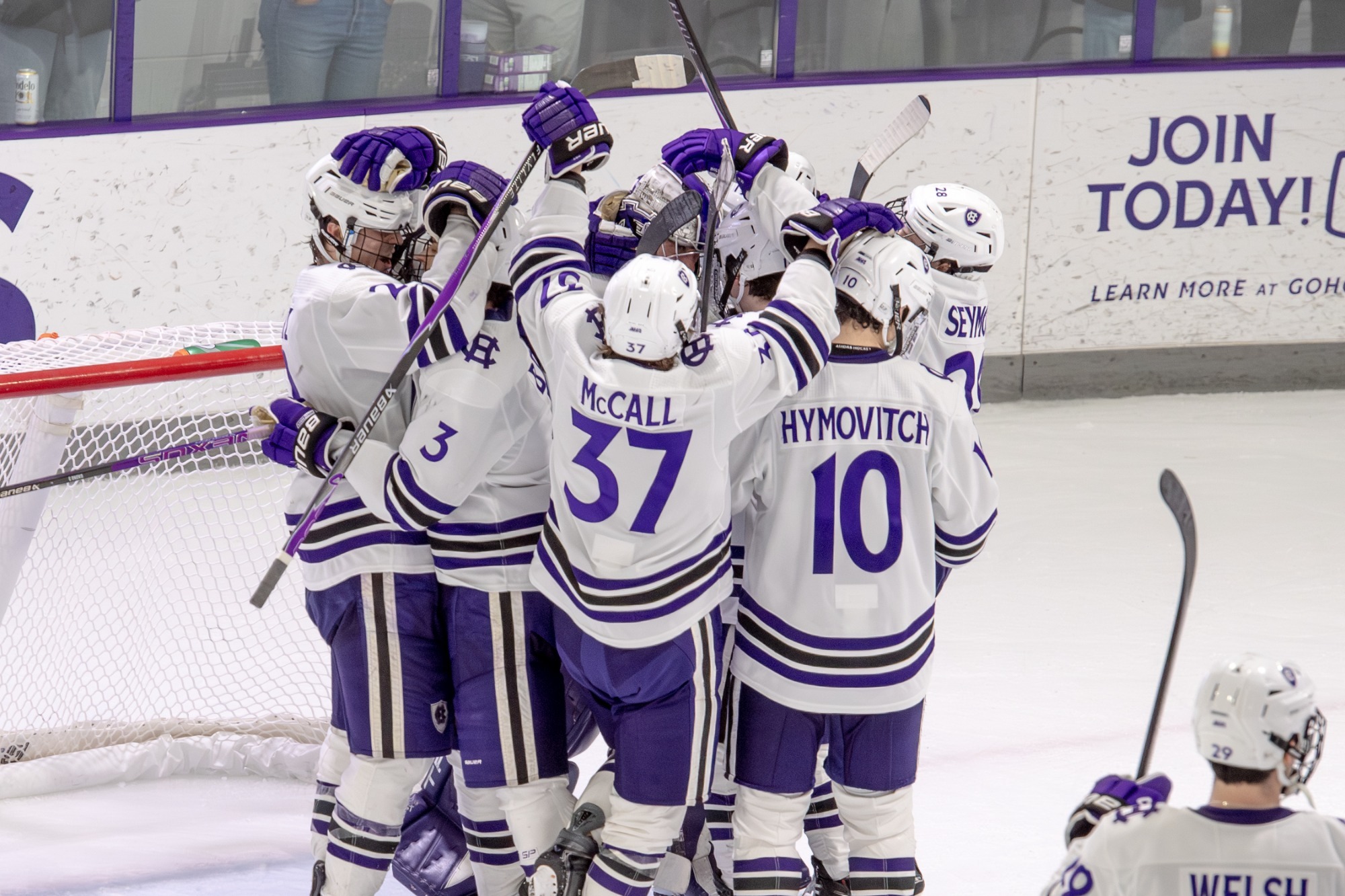 Men's ice hockey celebrates after a game