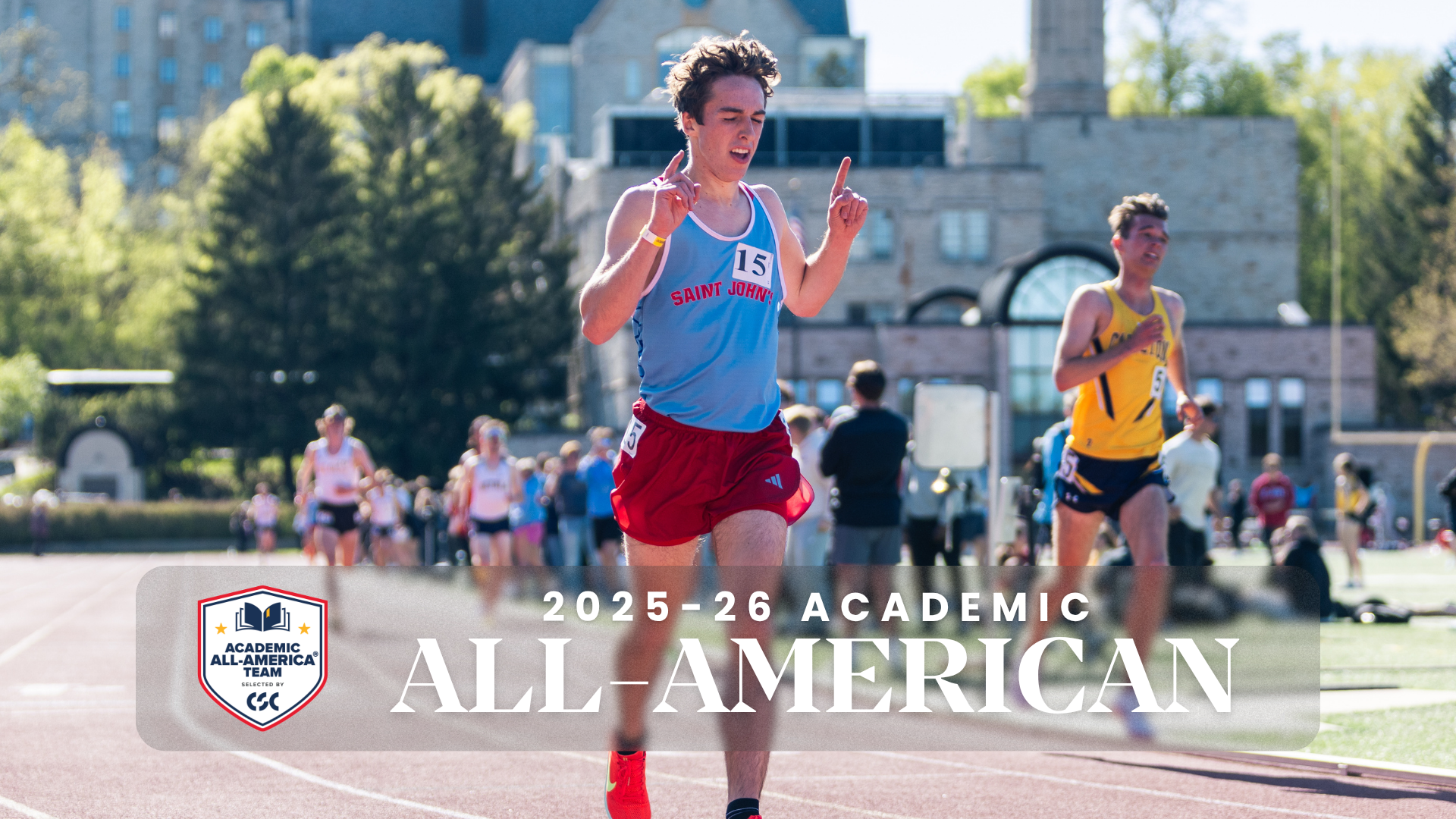 Cole Stencel crosses the line first in the 5k at the MIAC Outdoor Championships