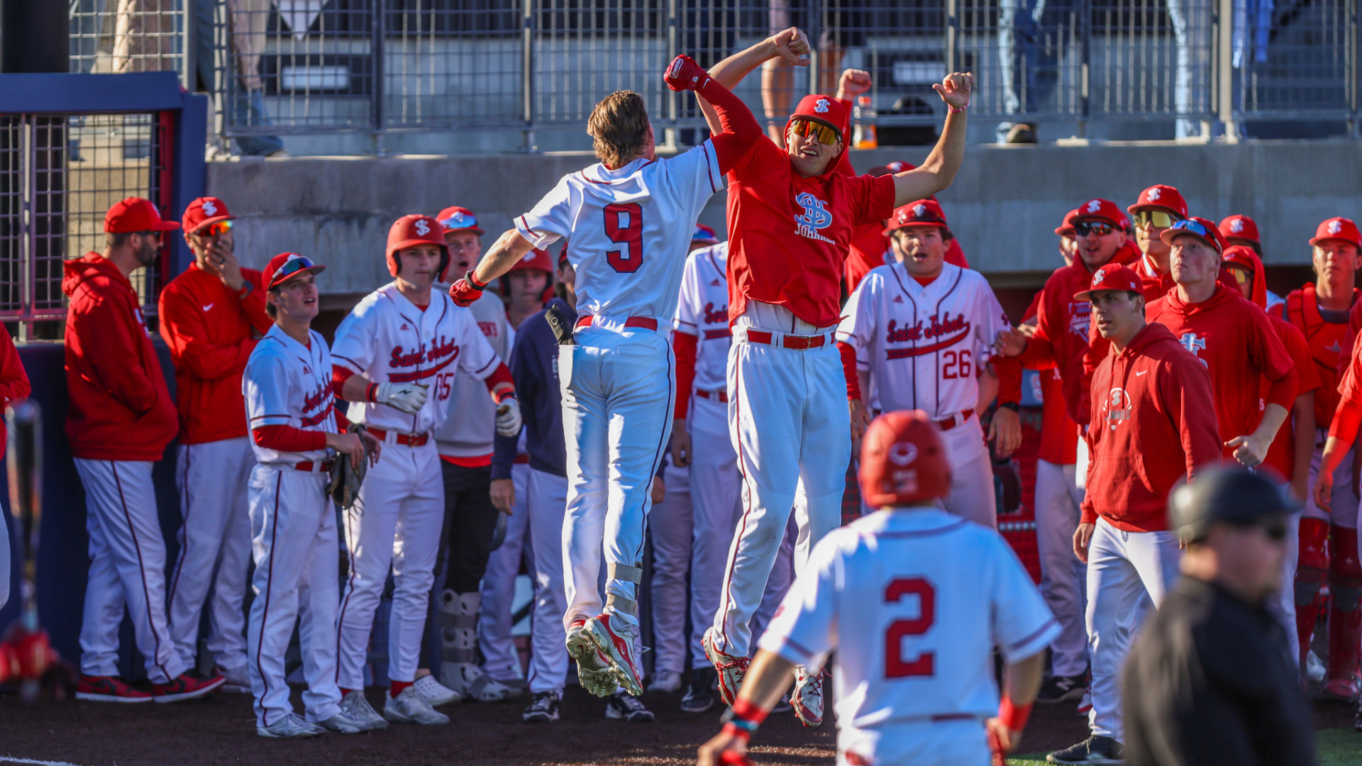Baseball team celebrating after a home run 