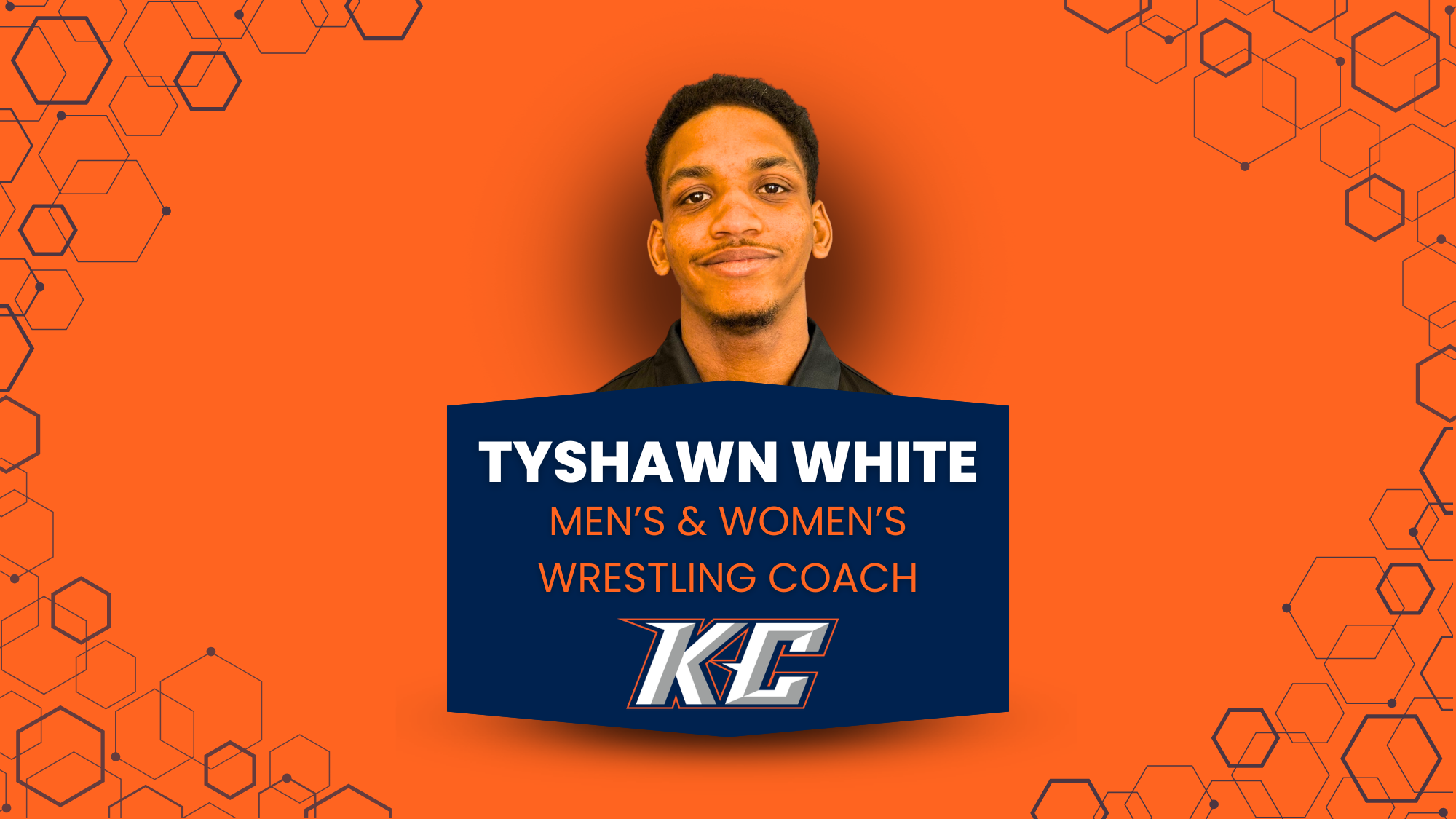 An orange background with a blue box stating Tyshawn White Men's and Women's Wrestling Coach. Tyshawn White is positioned behind the box as a headshot of the person.