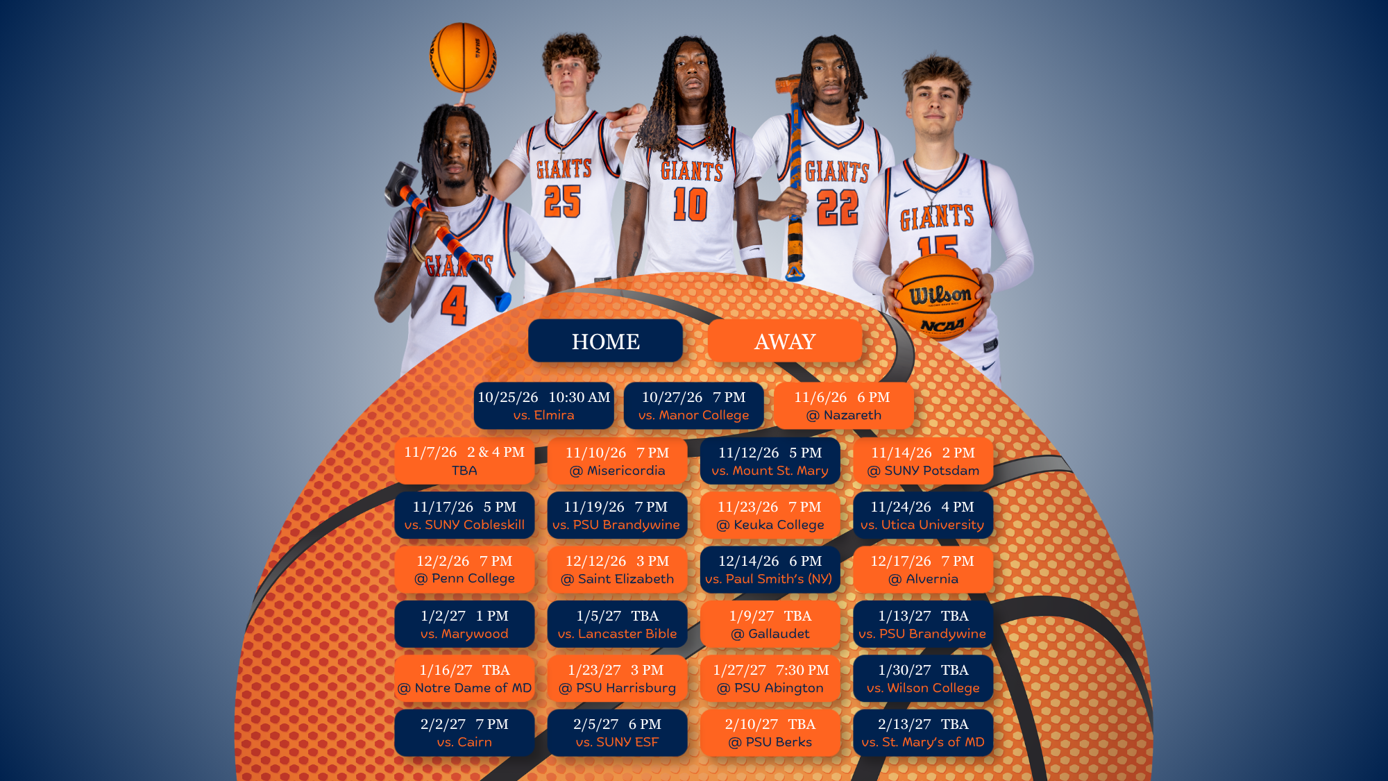 Men's basketball schedule release graphic featuring a basketball in the background with players in white uniforms standing on top of it. The graphic shows games, times, and dates with either an orange or blue background.