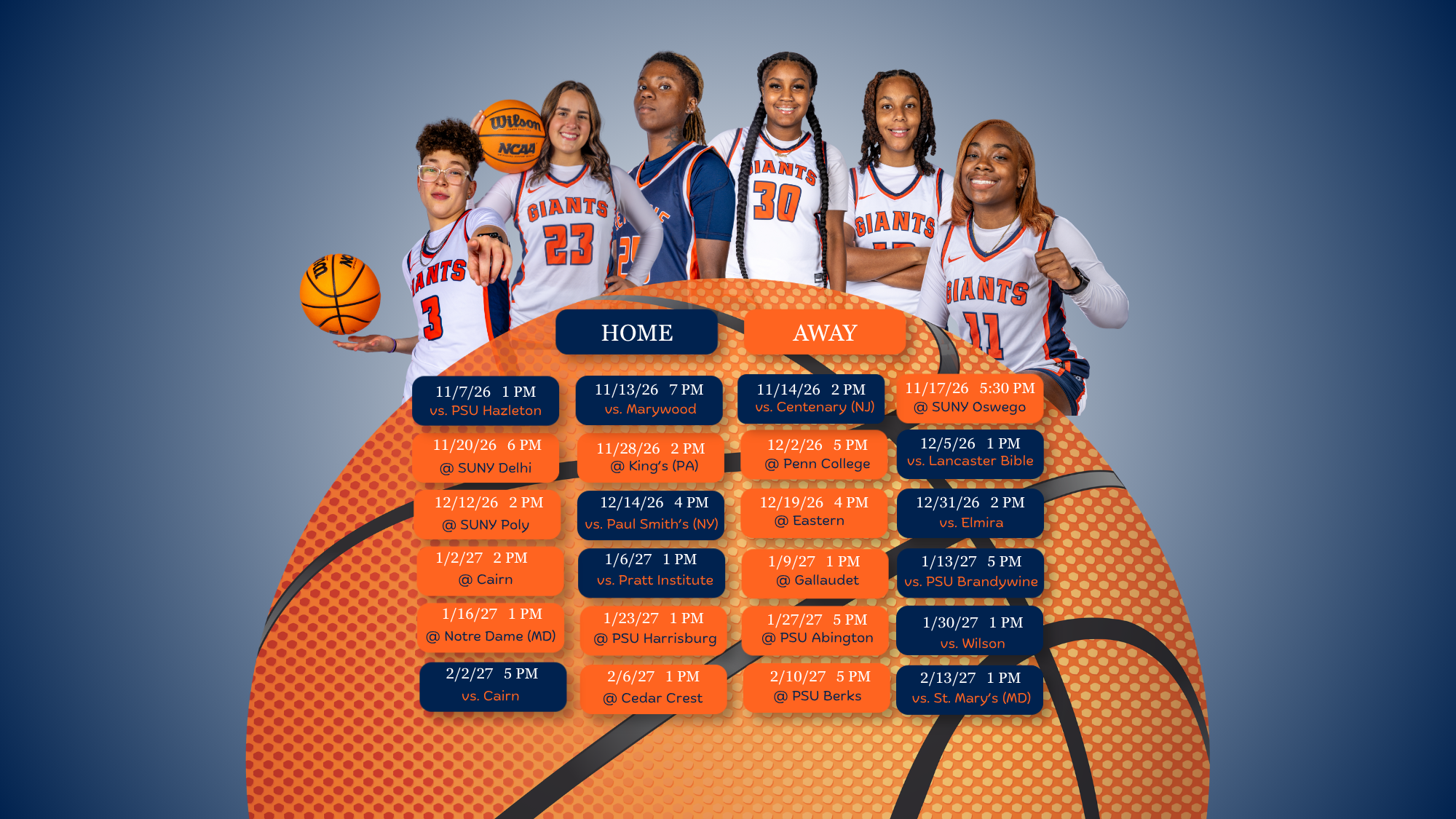 Keystone College women's basketball 2026-27 schedule graphic featuring six Giants student-athletes above a basketball graphic, with home and away games listed from November 2026 through February 2027, including opponents, dates and game times.