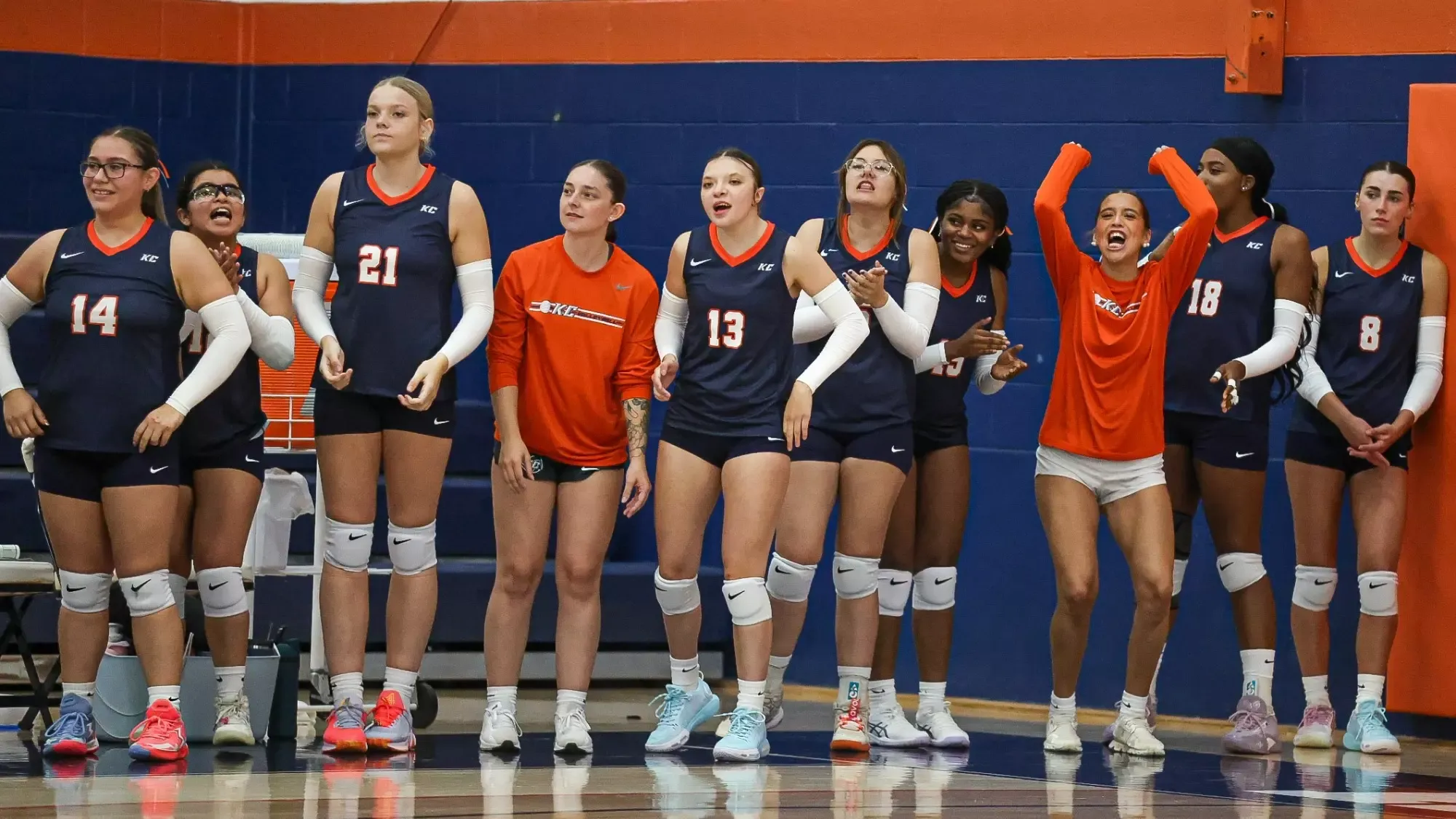 Keystone College women's volleyball players stand together along the sideline during a match, cheering and celebrating as teammates prepare for play.