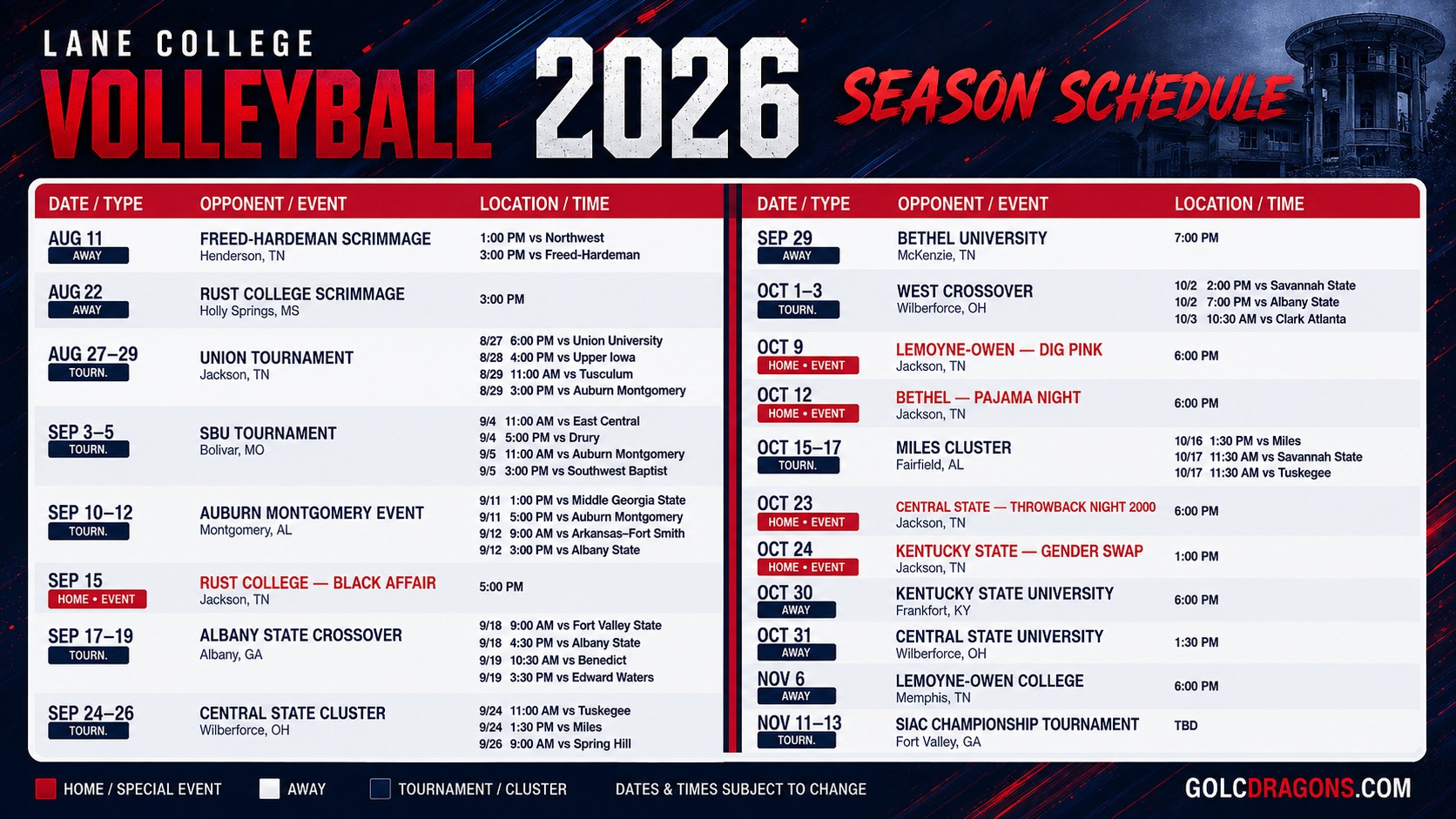 Lane 2026 VB Schedule 