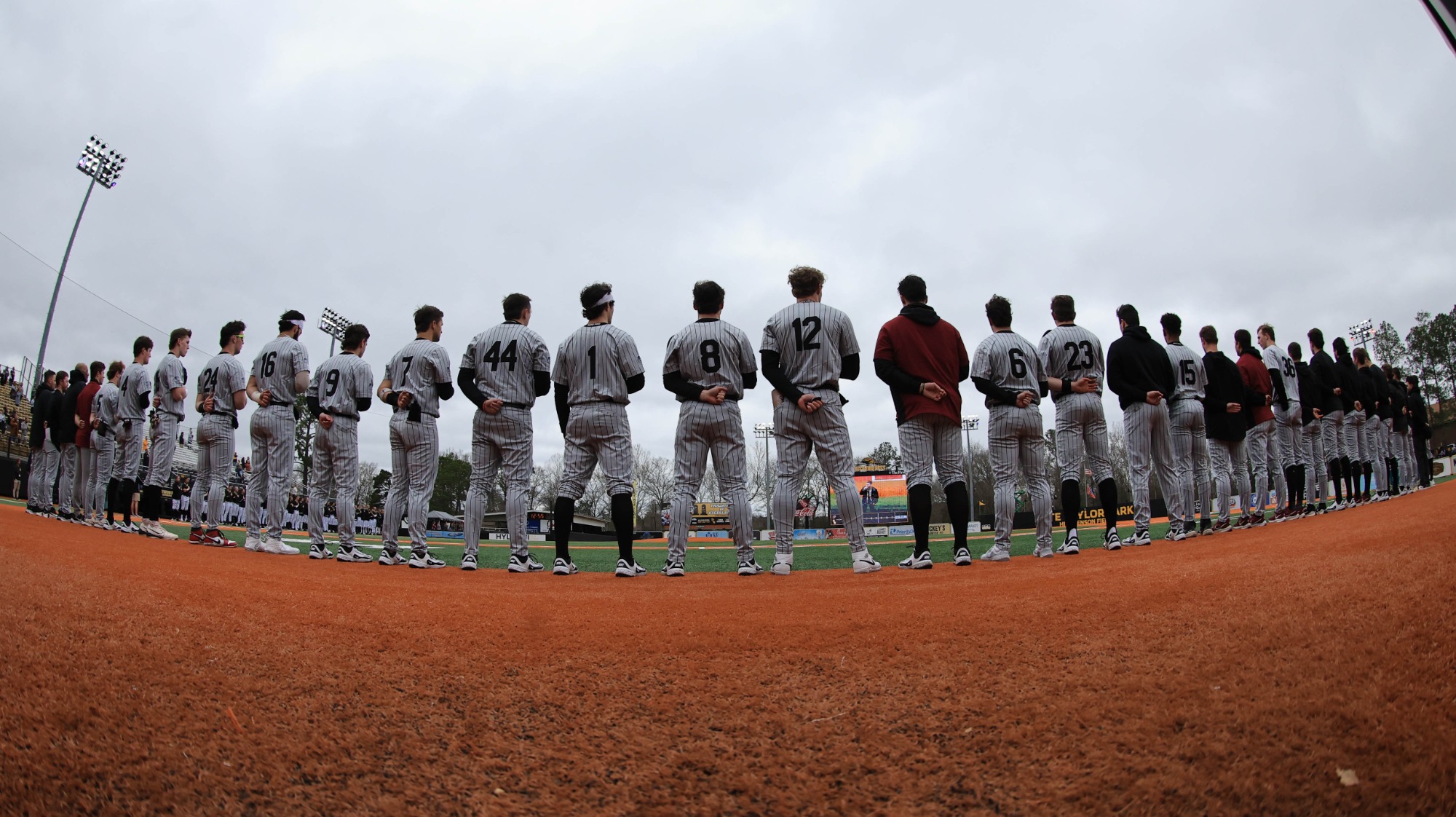Lafayette baseball team lined up for the national anthem in a game between the Southern Miss Golden Eagles and the Lafayette Leopards  in a NCAA  baseball  game. February 16, 2025 (Joe Harper/bgnphoto.com)
