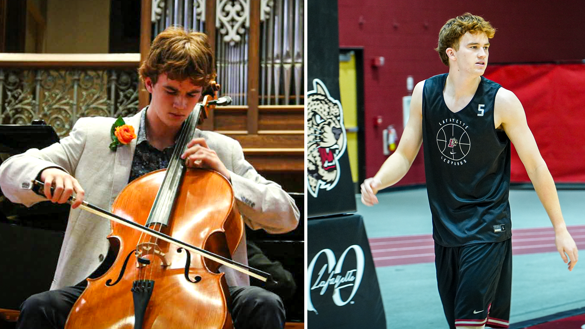 Patrick D'Arcy playing the cello and at basketball practice