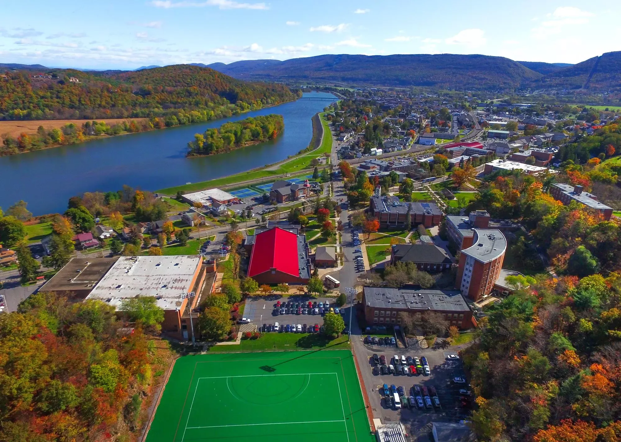 A picturesque aerial view of The Haven valley through campus from the stadium during the fall. 