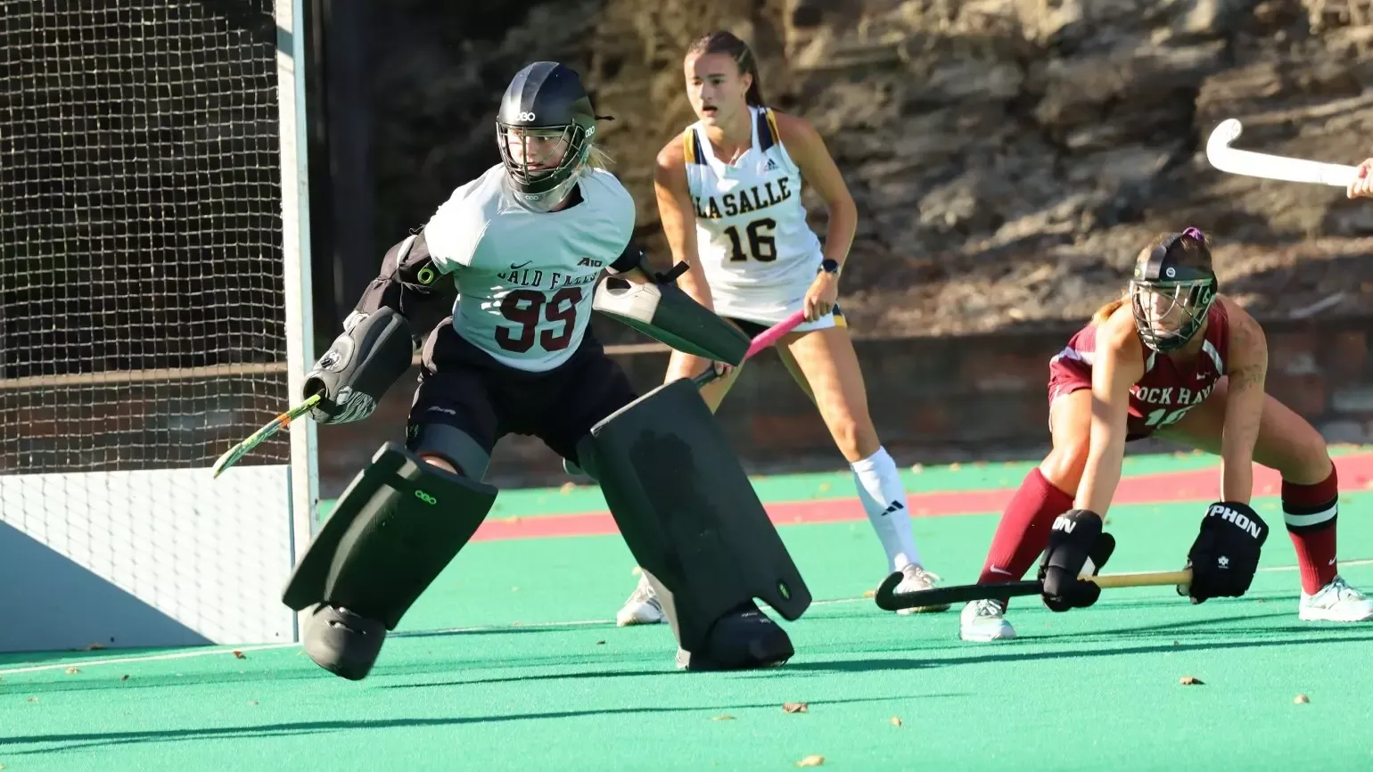 Quinty van Luijk between the pipes for the Bald Eagles field hockey team