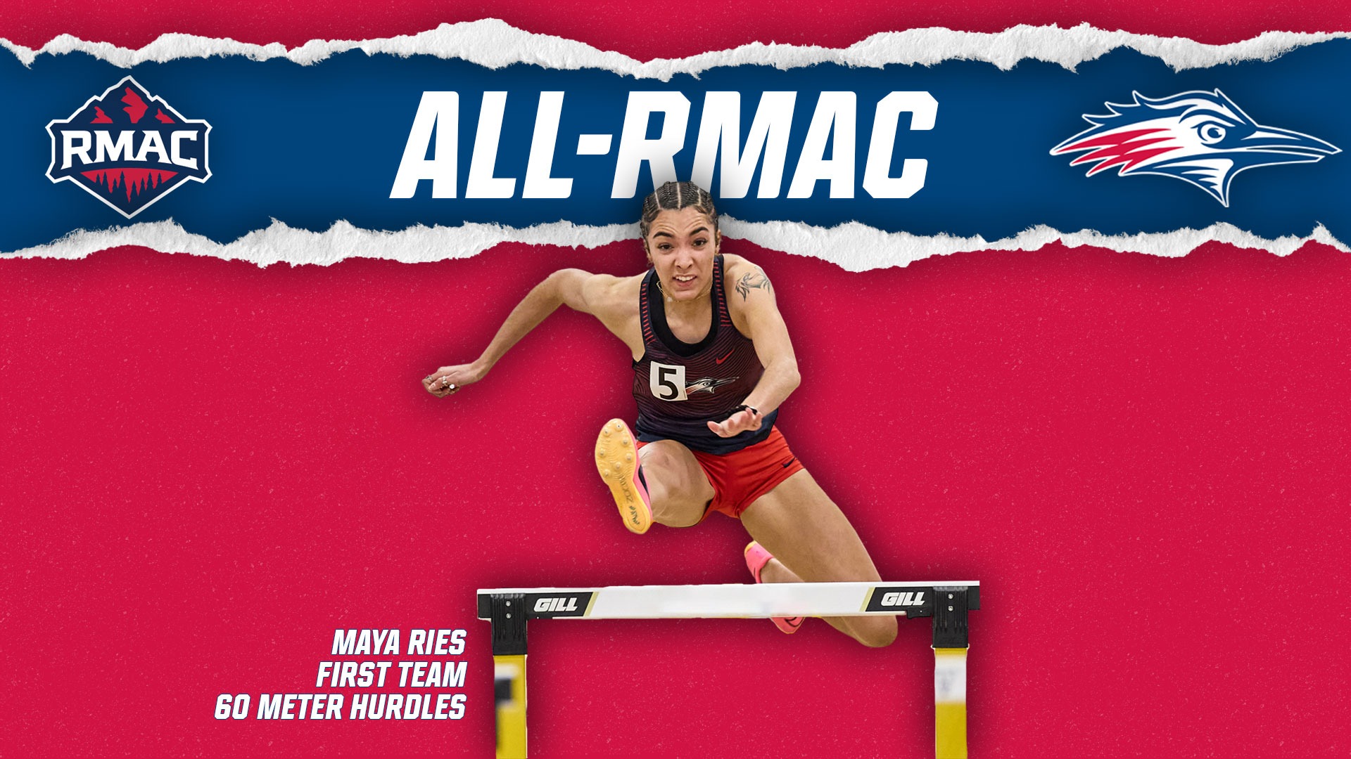 Graphic featuring Maya Ries being named to the All-RMAC Women's Indoor Track & Field first team in the 60-meter hurdles.