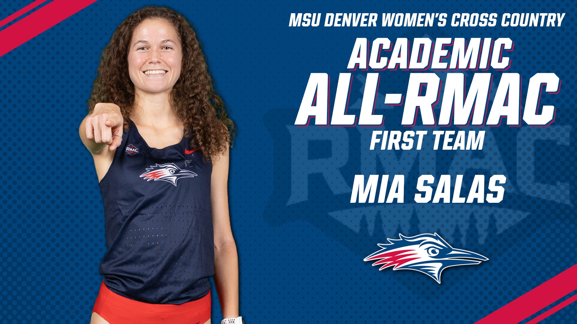 Women's Cross Country Academic All-RMAC First Team Graphic featuring a cutout of Mia Salas.