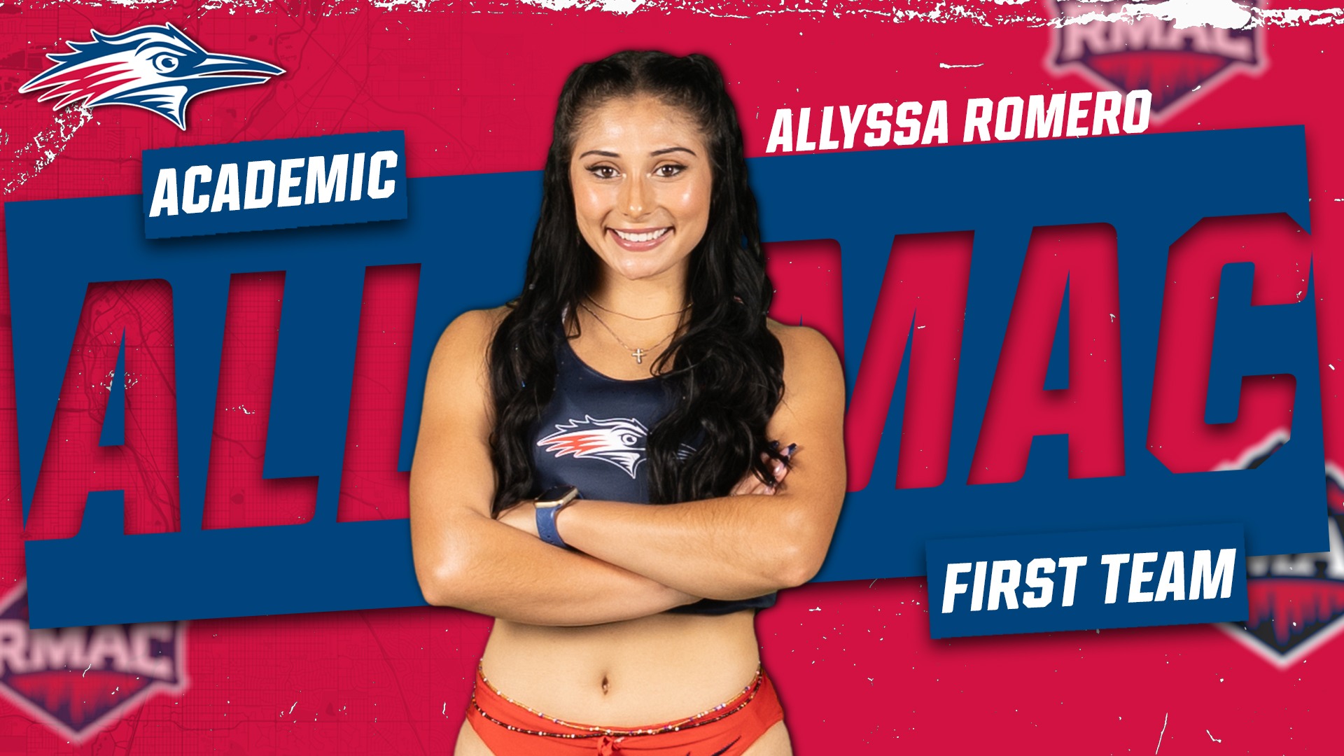 Graphic depicting Allyssa Romero being named to the Academic All-RMAC first team for women's indoor track & field.