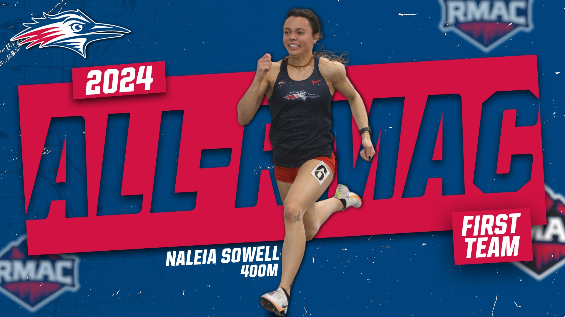 Graphic of Naleia Sowell named to the All-RMAC first team in outdoor track & field.