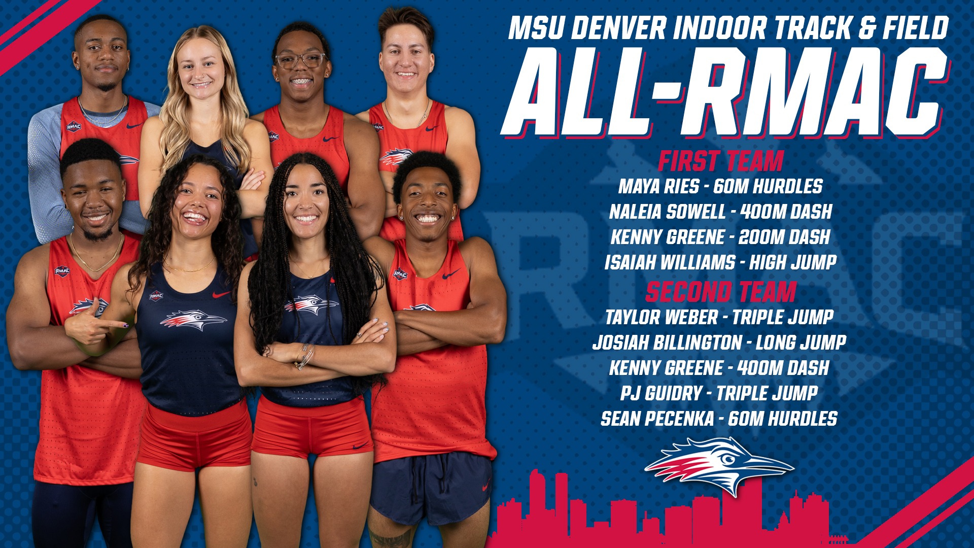 Indoor Track & Field All-RMAC Graphic featuring cutouts of track athletes Maya Ries, Naleia Sowell, Taylor Weber, Josiah Billington, Kenny Greene, Sean Pecenka, and Isaiah Williams.